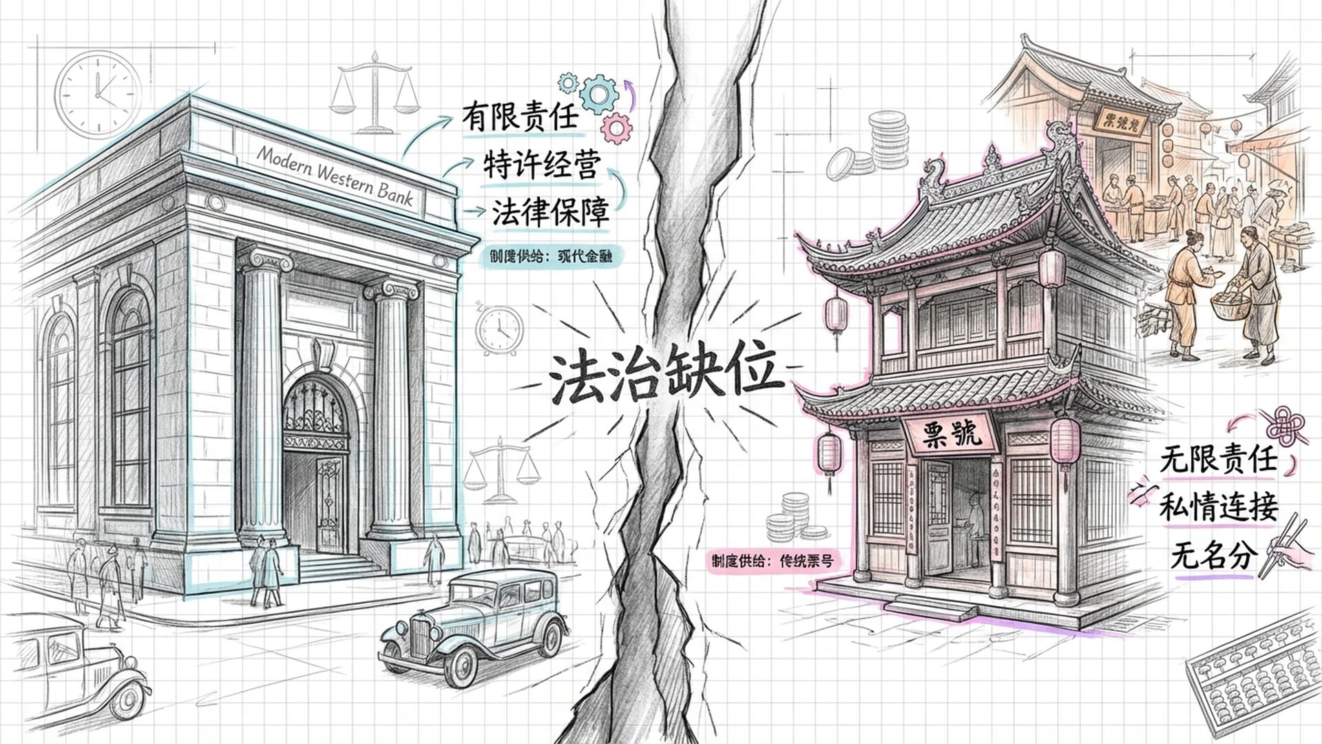 左边是西方的现代银行大楼（石砌建筑），右边是中国的木质票号。中间是一道写着‘法治缺位’的鸿沟。