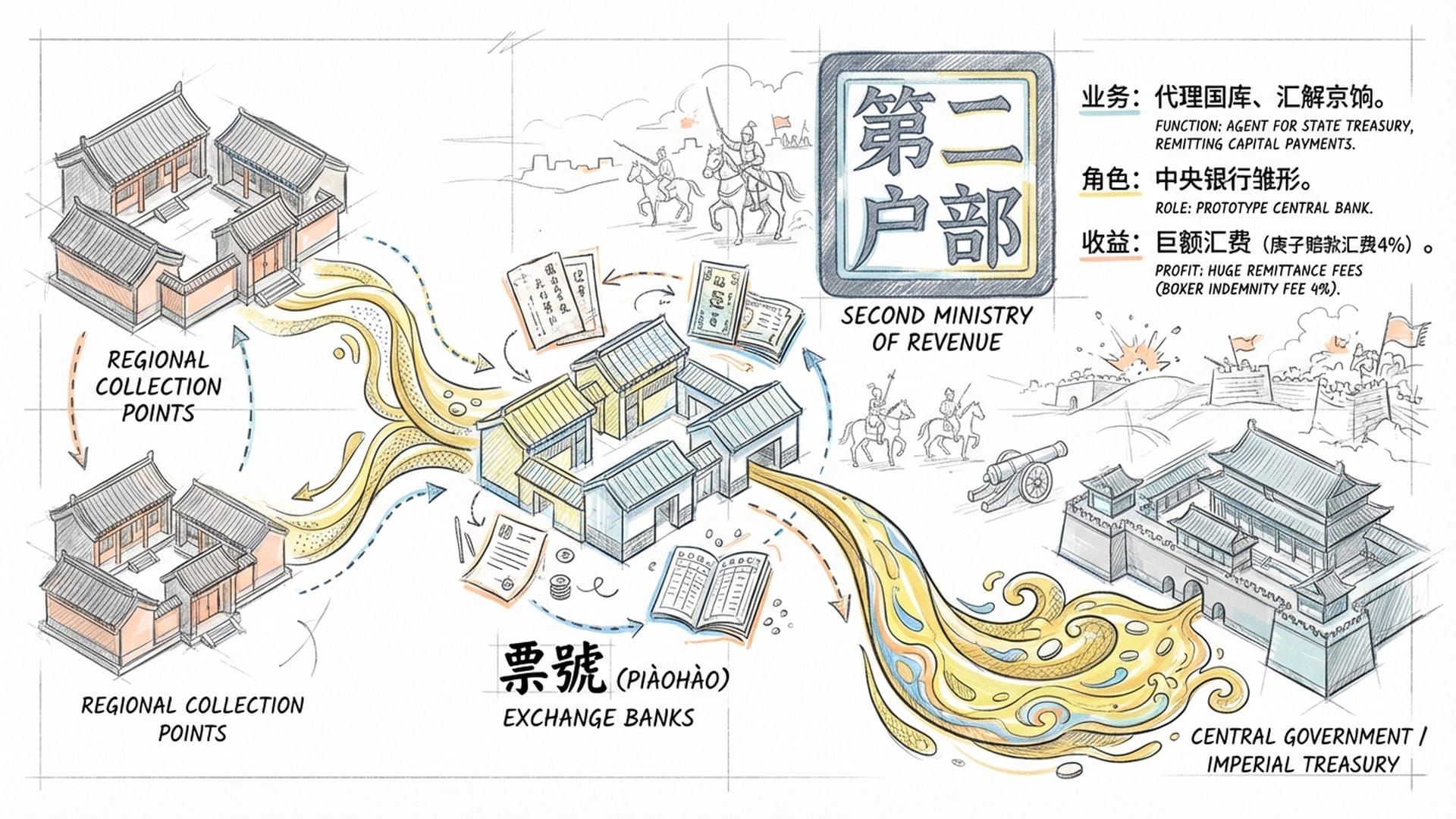 晚清混战背景下，金色的白银流向，票号成为了清政府的临时金库。背景中有‘第二户部’的官印文字。