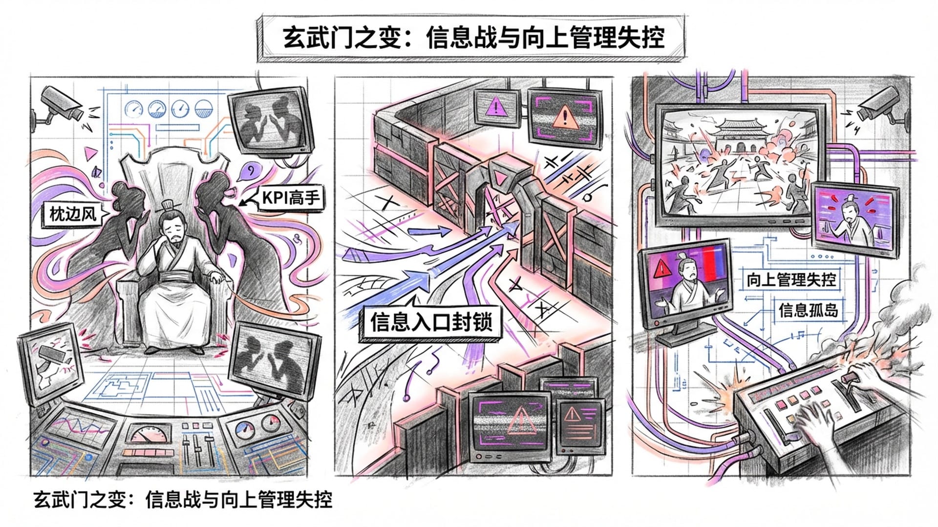 玄武门场景的监控探头视角，展示信息战与向上管理的失控。李渊被一群嫔妃围着窃窃私语。