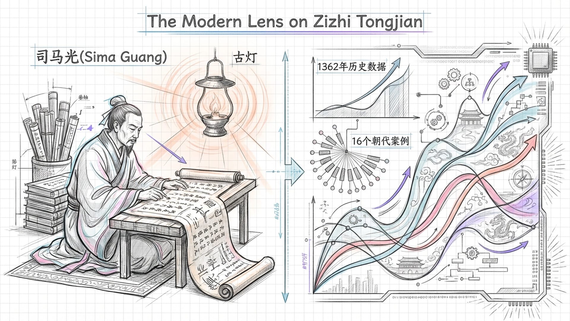 司马光在古灯下审视巨大的卷轴，背景是一个高度数字化的仪表盘，显示着历史数据的波动曲线。象征“历史大数据”。