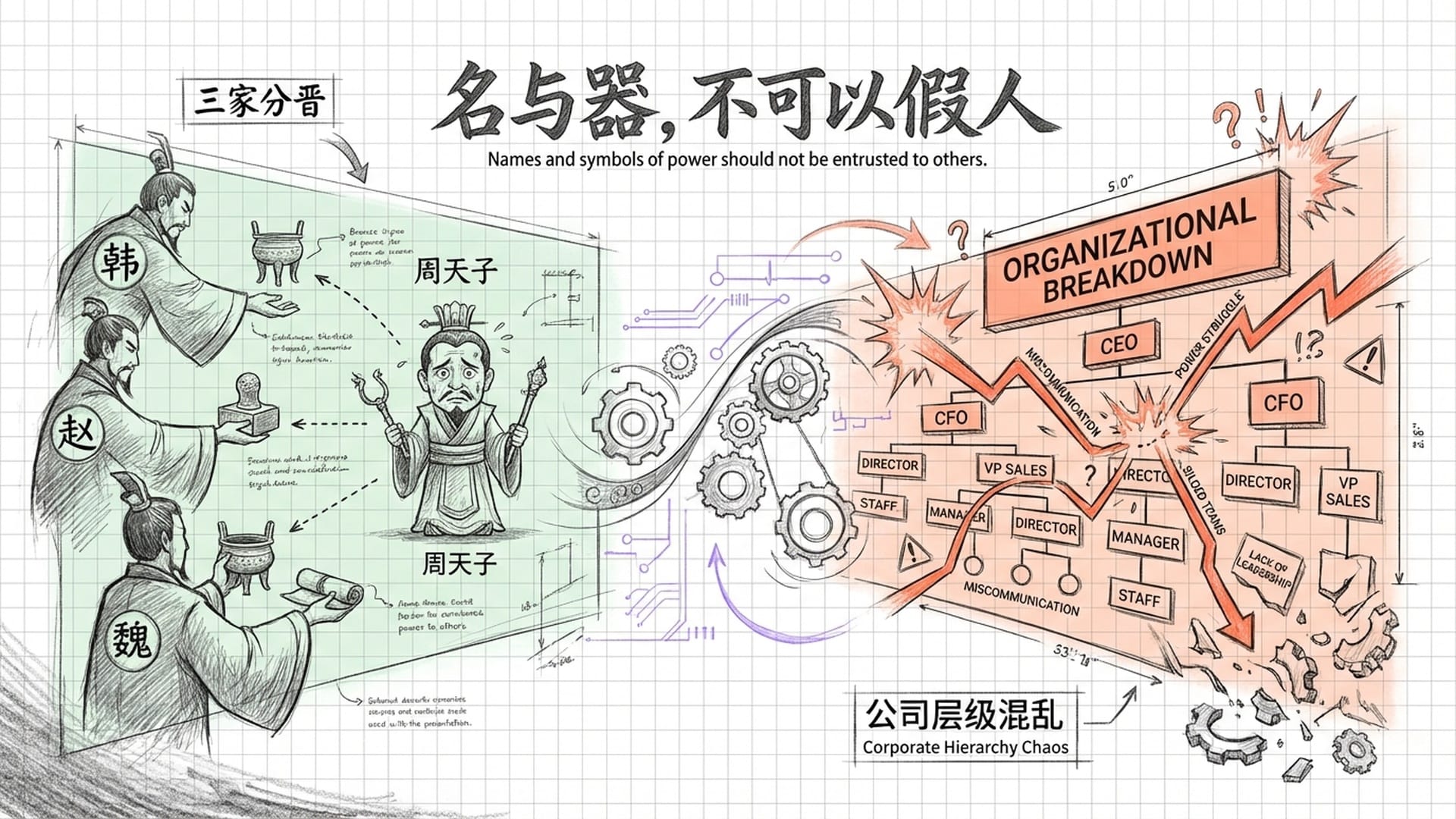 “三家分晋”的历史场景，周天子无奈的封侯仪式。画面逐渐变为现代企业架构图的崩塌。
