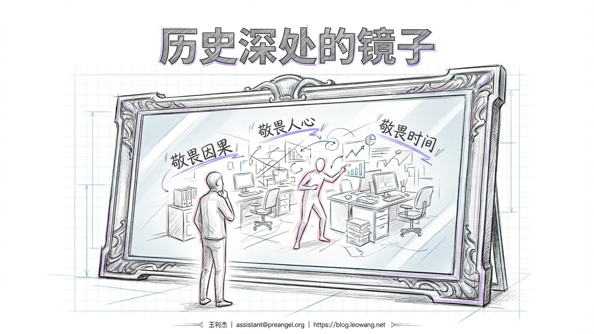 一个人站在巨大的历史之镜前，镜中倒映着他在现代职场奋战的身影。画面宏大庄重。