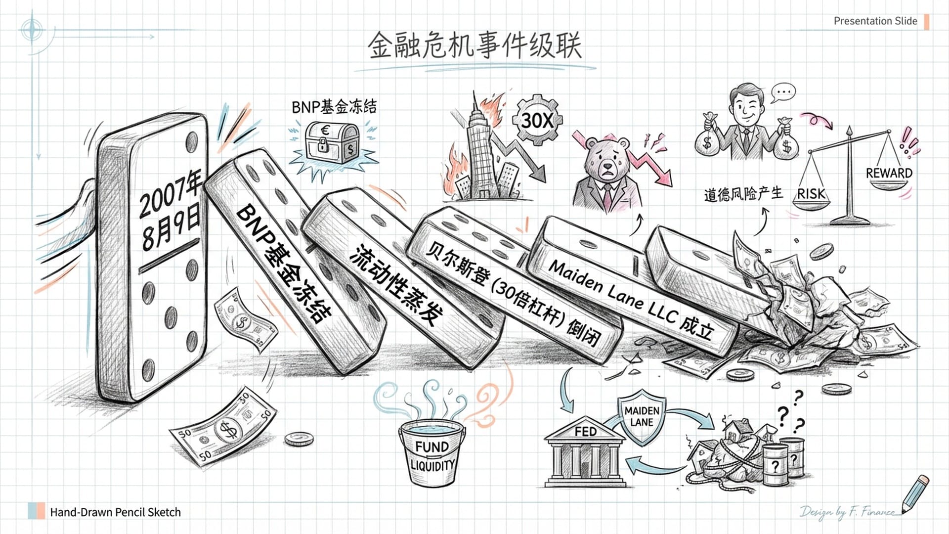 A row of dominoes starting to fall. The first domino is labeled August 9, 2007 - BNP Paribas.