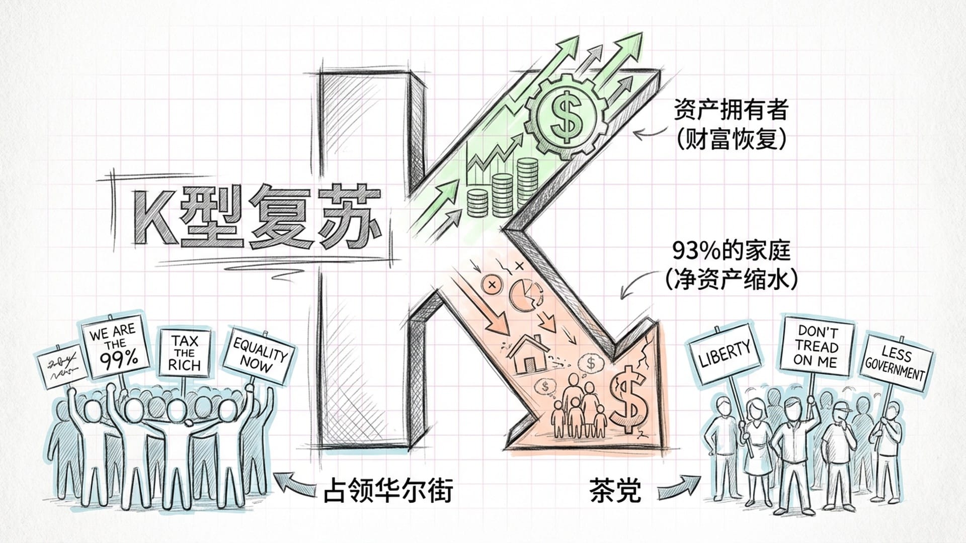 A 'K' shaped graph showing the divergent paths of wealth. Protest imagery (Occupy Wall Street vs. Tea Party).