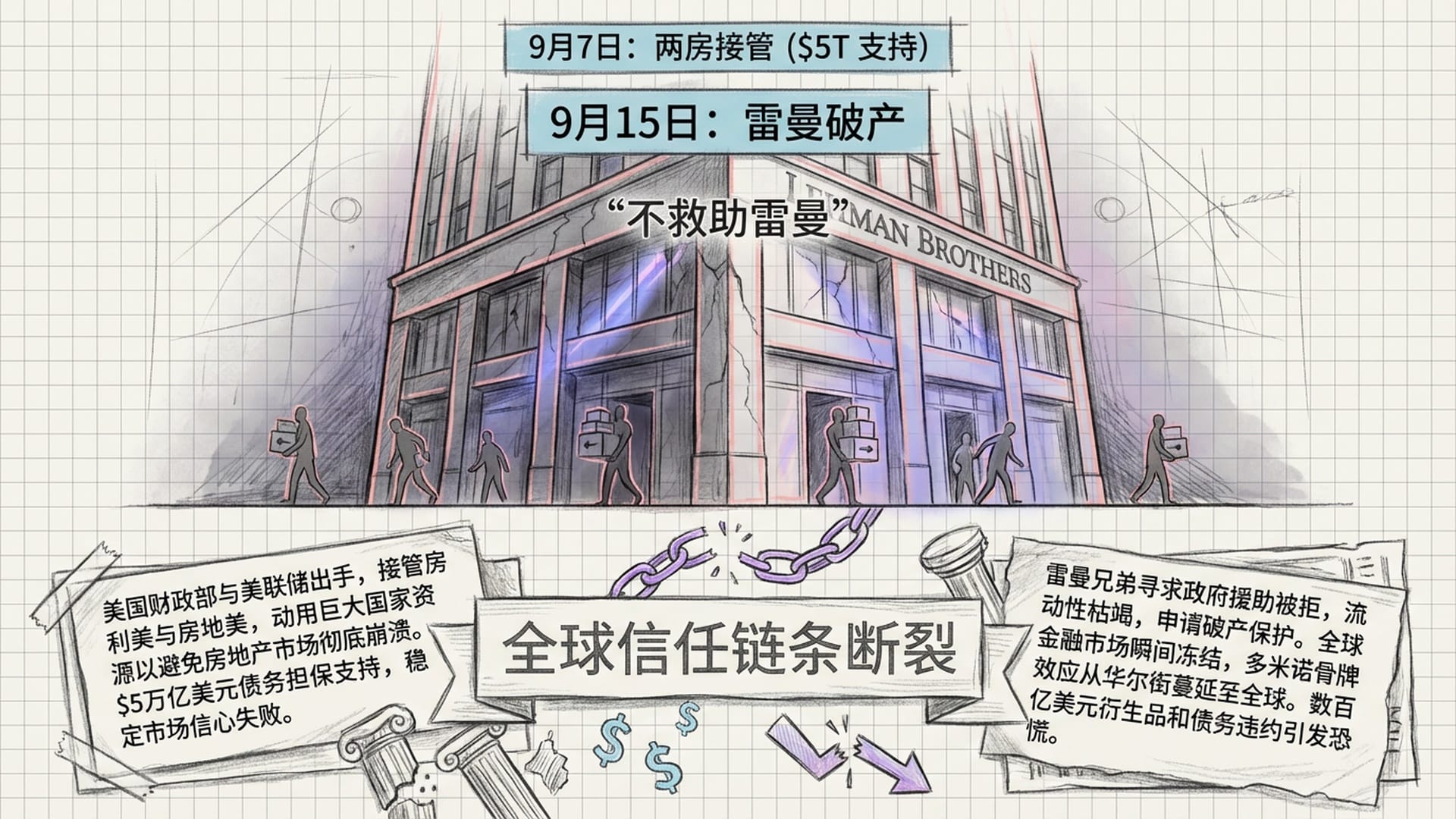 Night view of Lehman Brothers building with workers carrying boxes. Dramatic lighting. Headlines of Fannie Mae/Freddie Mac takeover.