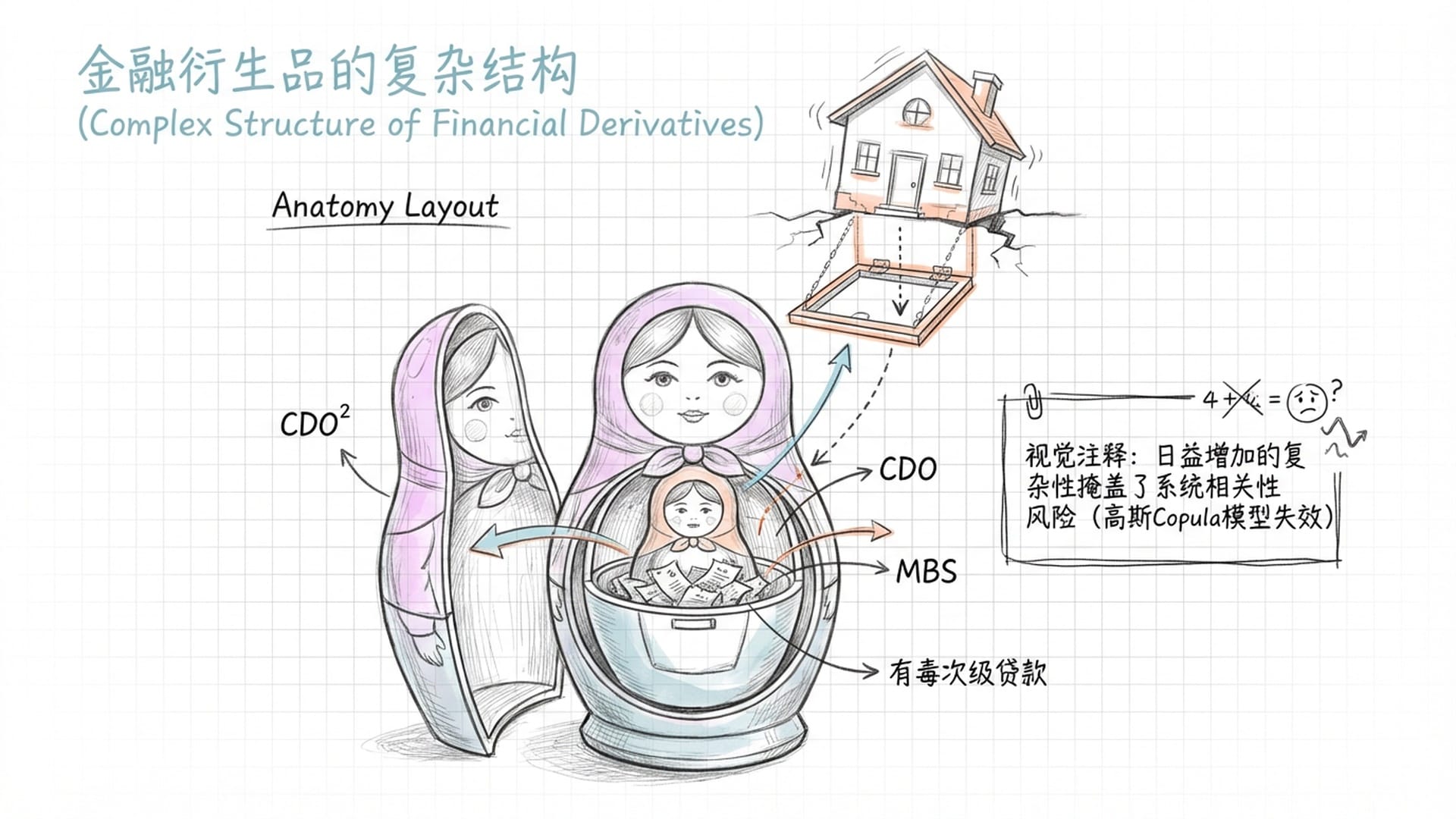 Russian doll (Matryoshka) structure representing CDO and CDO-squared. A trapdoor opening under a house perched on top.