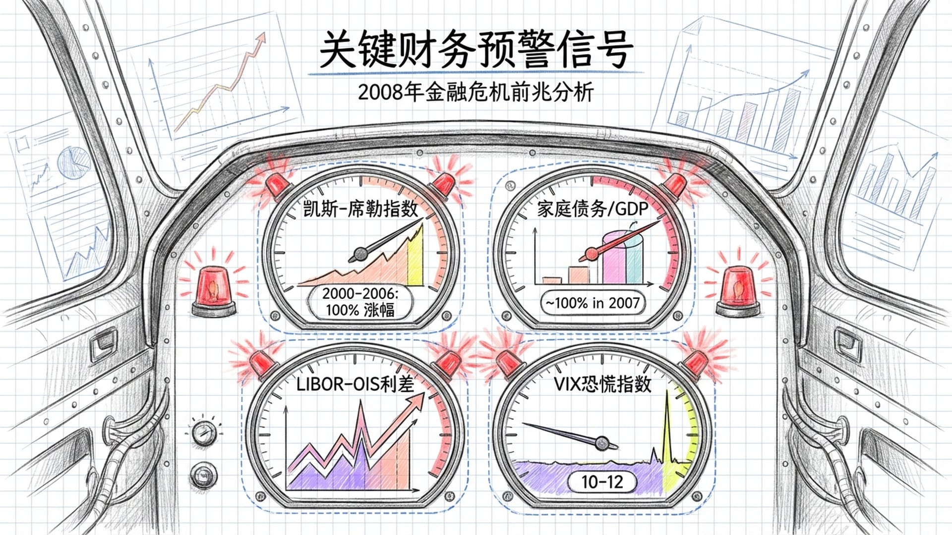 A cockpit with multiple blinking red alarms. Warning gauges showing real estate data and debt levels.