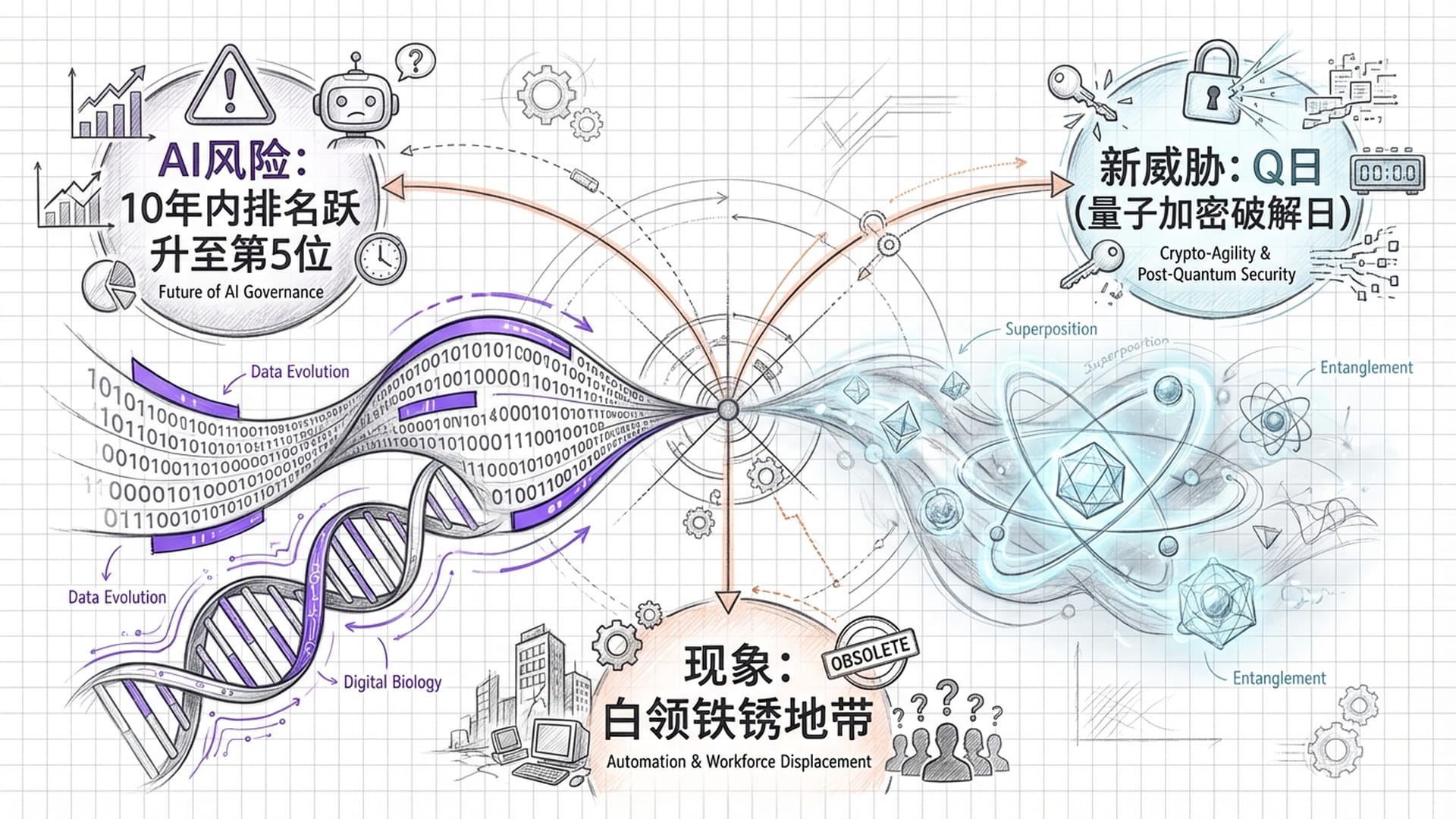 从二进制代码演变成的DNA长龙，另一边是闪烁的量子比特云雾，科技如洪水般涌来。