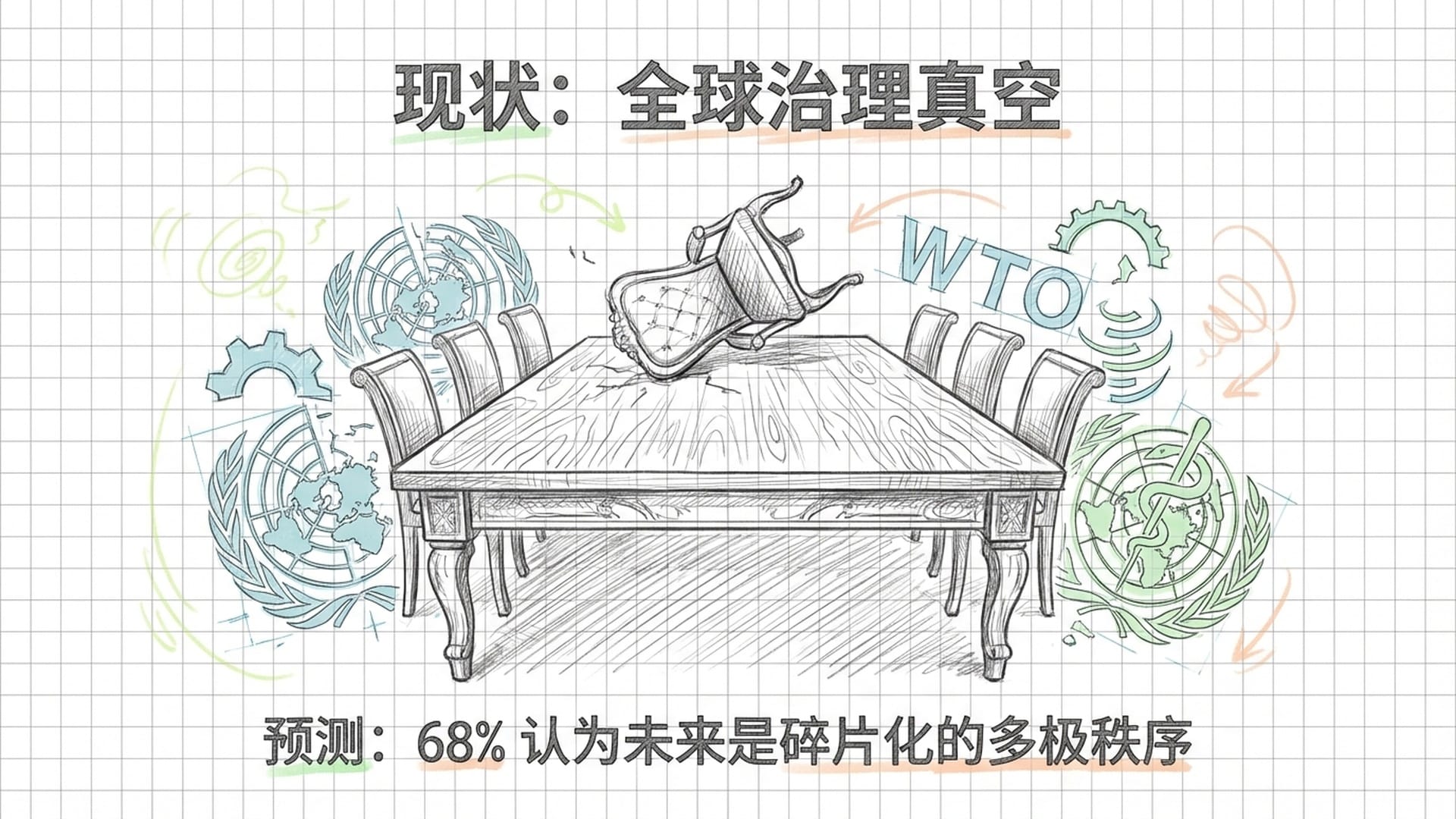 一个空荡荡的华丽会议桌，主位椅子翻倒，象征领导力真空，背景是破碎的国际组织标志。