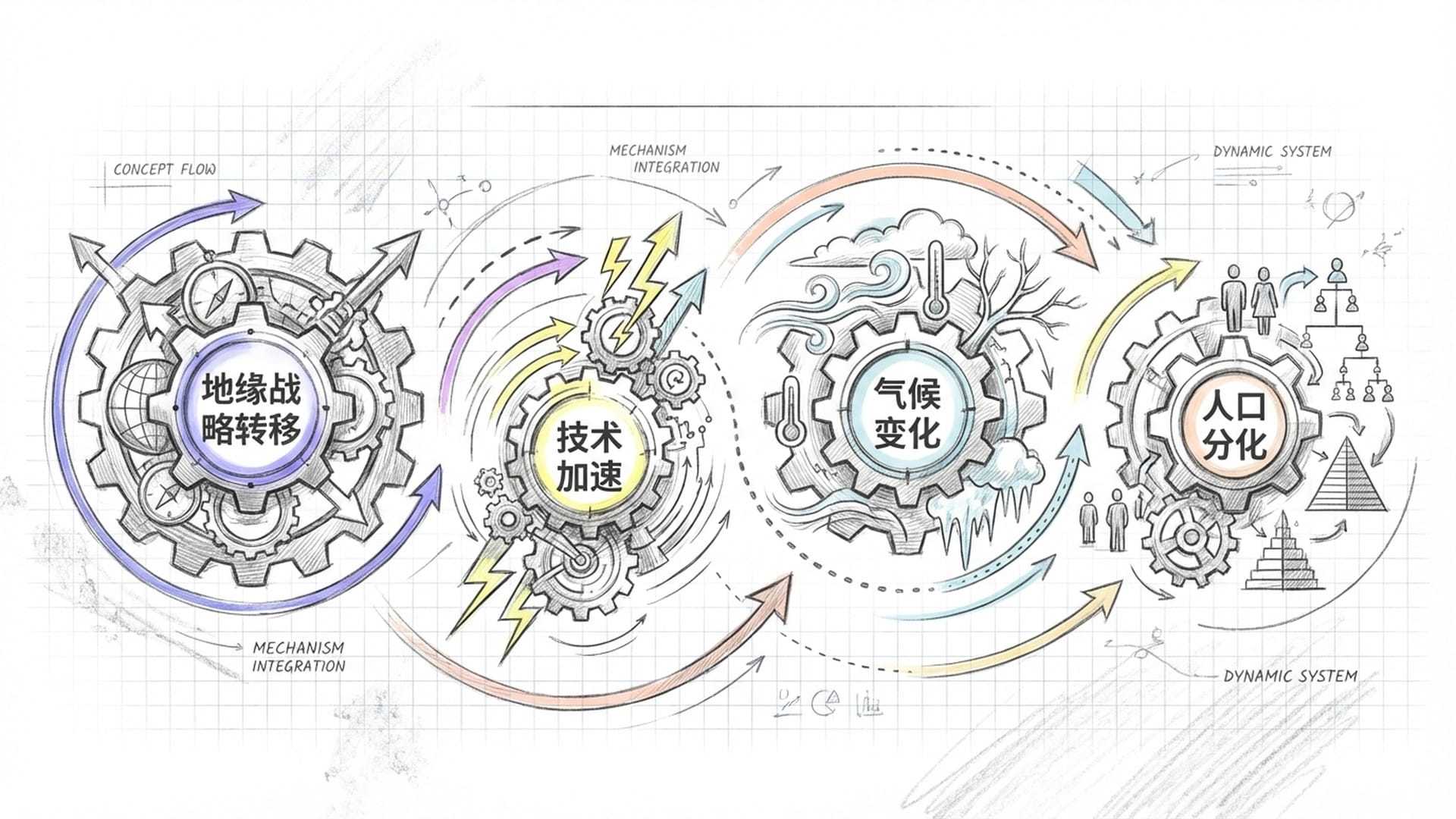 四个发光的巨大引擎或齿轮在虚空中转动，分别标示为地缘、技术、气候和人口。