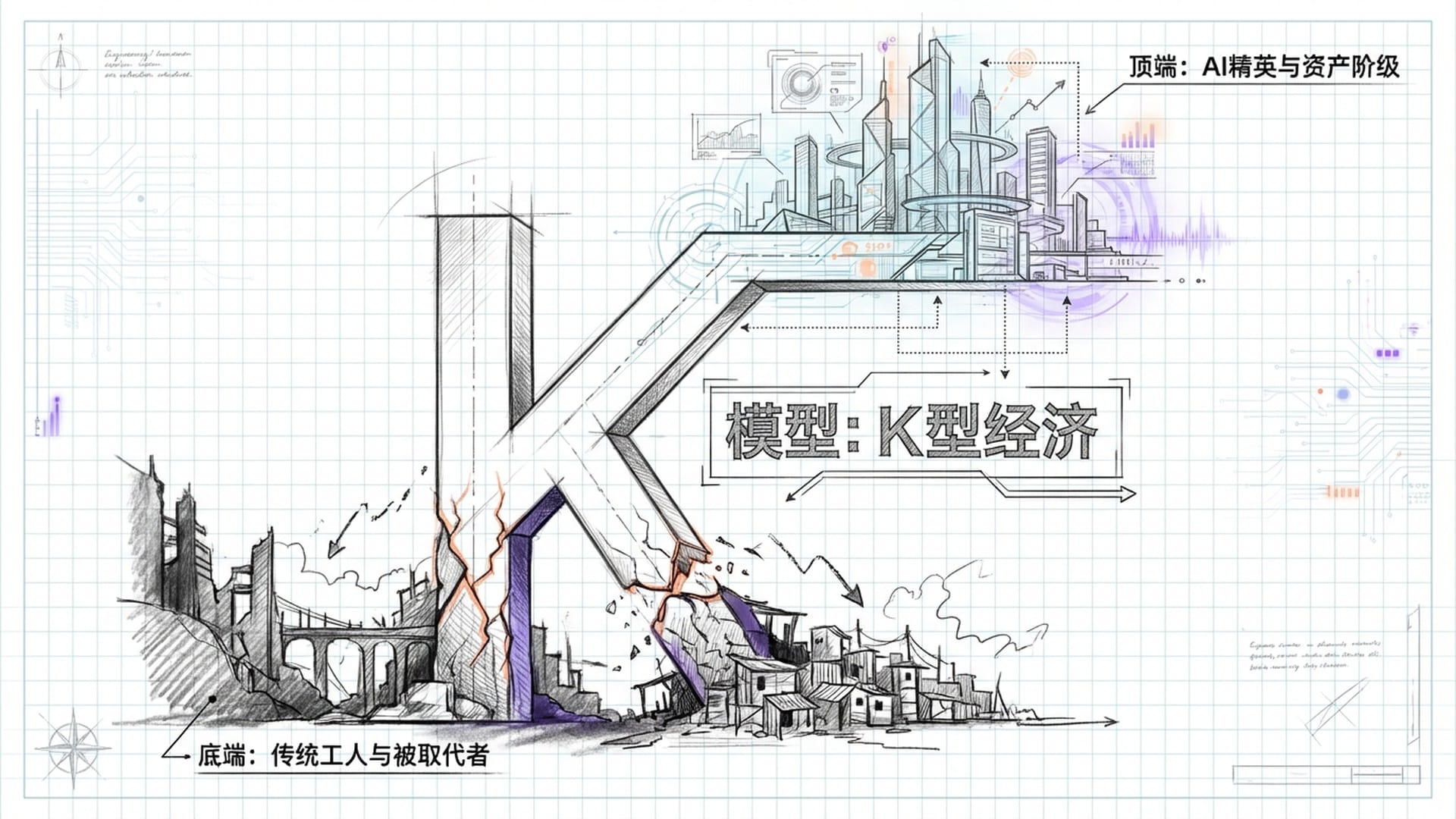 英文字母'K'的变形构图，向上的一支连接着精致的数字城市，向下的一支连接着废墟和贫民窟。