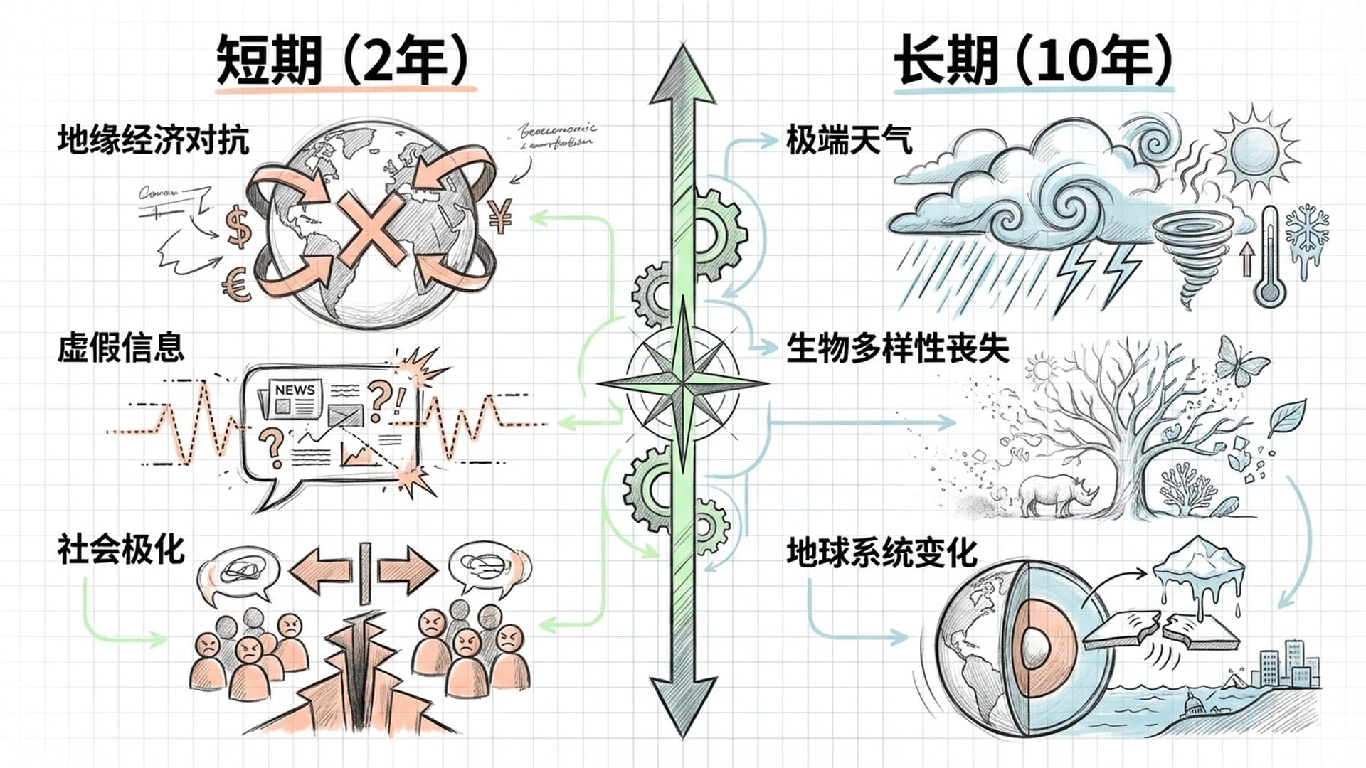 对比鲜明的短期与长期清单，短期侧重经济和冲突，长期侧重自然和气候。