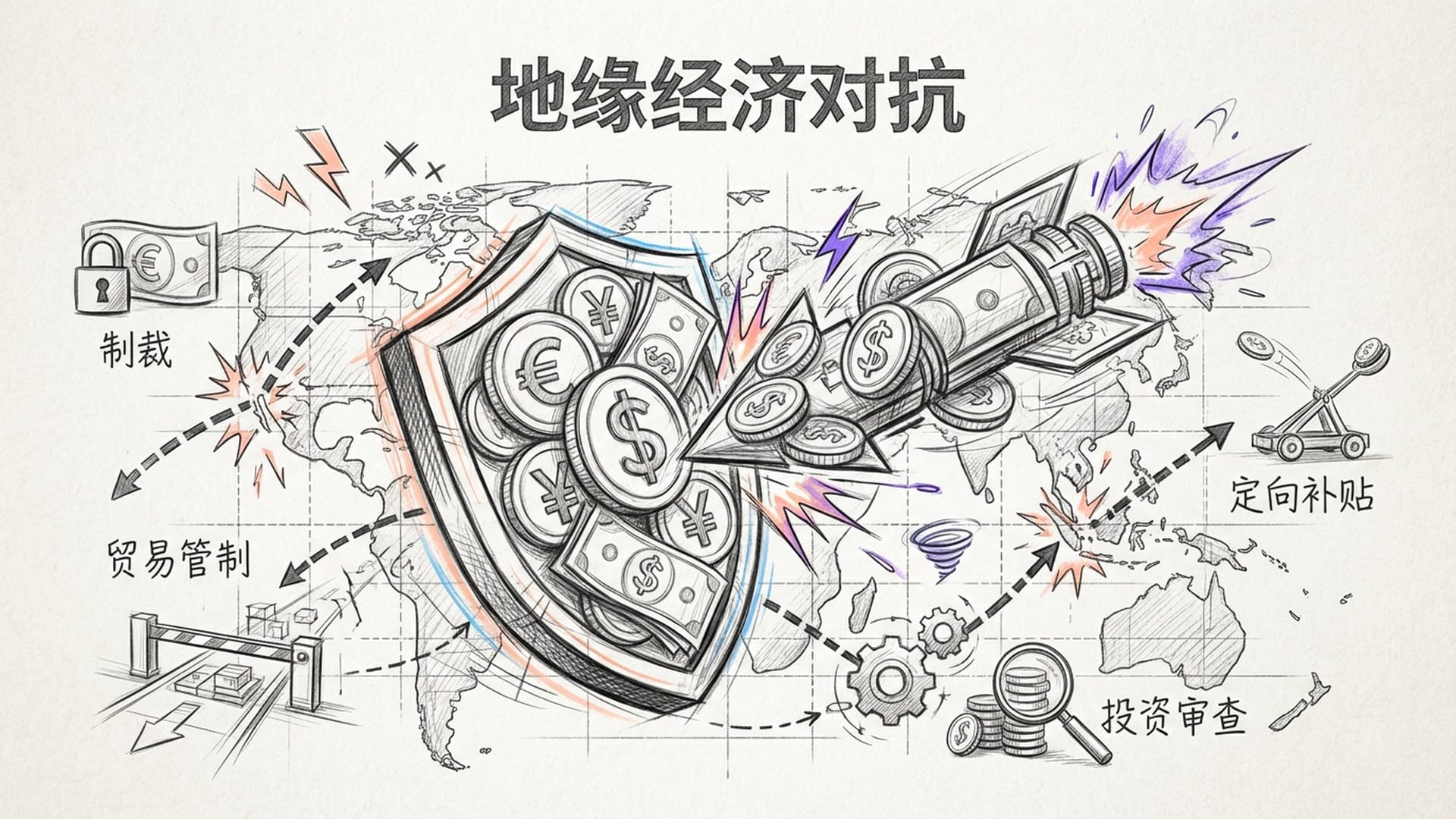 经济图表化作武器（如钱币组成的导弹或信用卡式的盾牌），背景是全球贸易网络线条断裂。