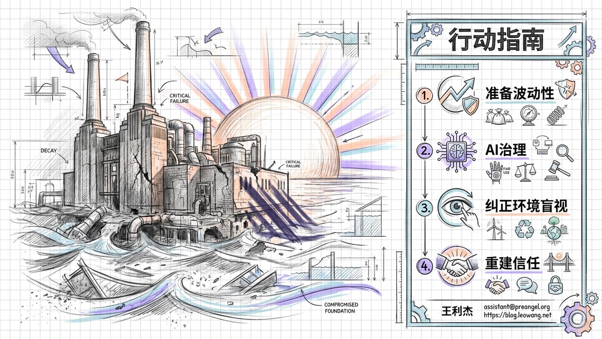 夕阳下的老旧发电站与洪水中的街道，四个建议行动点以清晰的列表排列。