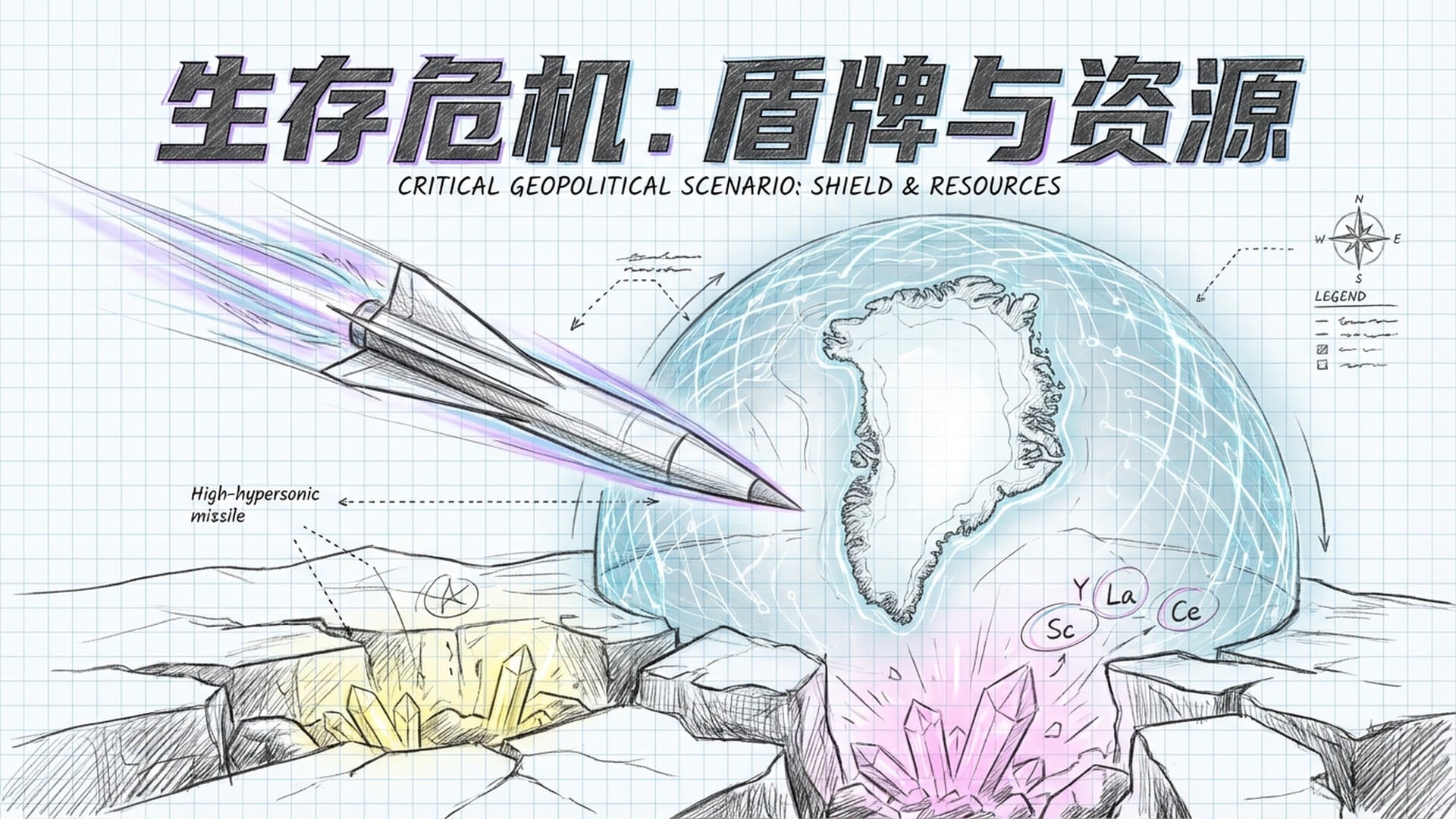 高超音速导弹掠过北极冰原，格陵兰岛上空覆盖着淡蓝色的电子穹顶，稀土矿石从裂开的冰层中发出异种光芒。