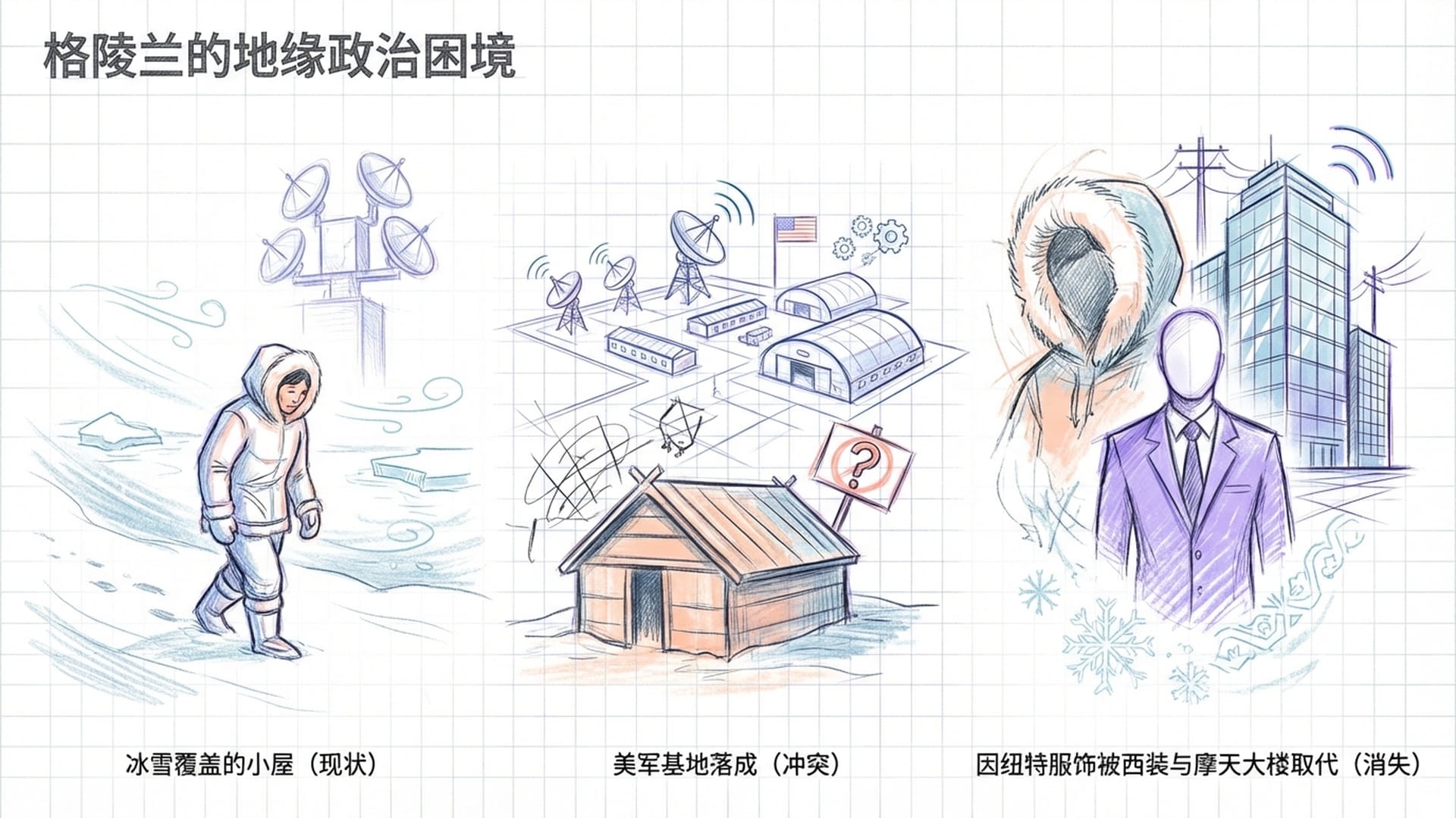 因纽特人在风雪中孤独前行，远方是巨大的美军雷达阵列，传统文化在美元的淹没下逐渐褪色。