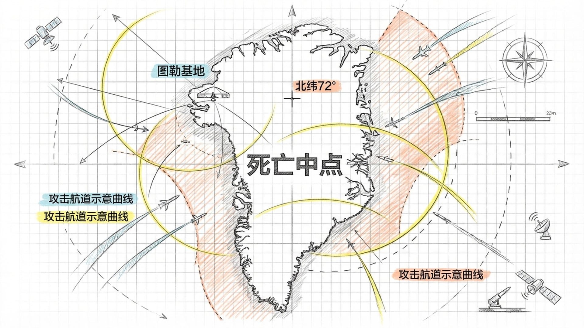 格陵兰岛的3D地形图，显示雷达探测范围和导弹拦截轨道，强调“死亡中点”的几何位置。