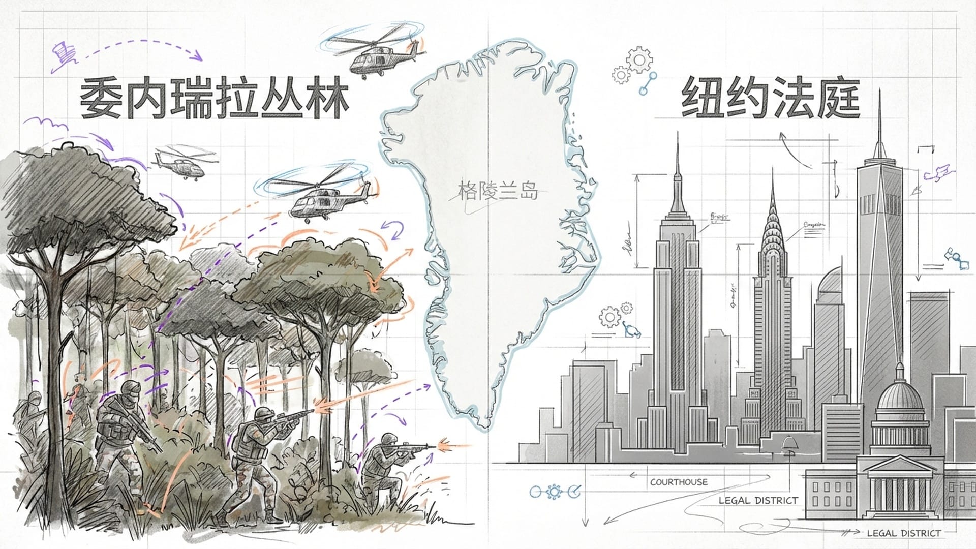 身穿迷彩服的特种部队在南美雨林中突袭，背景切换到纽约法庭的剪影，象征跨越半球的军事干预。