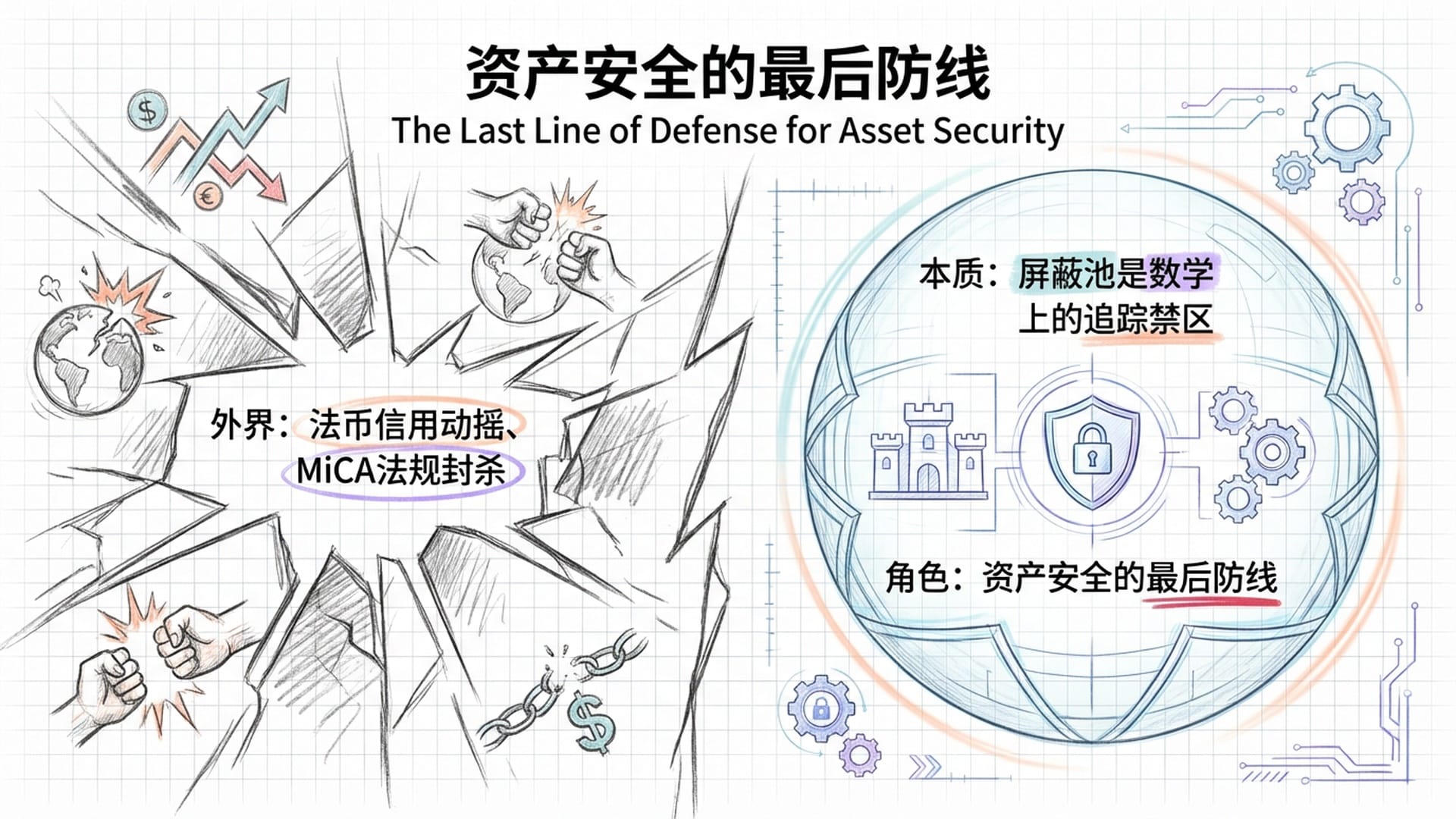 一面被打碎的监控镜子，碎片外是宏观的法币动荡和地缘冲突，碎片内是一个安全的避风港。