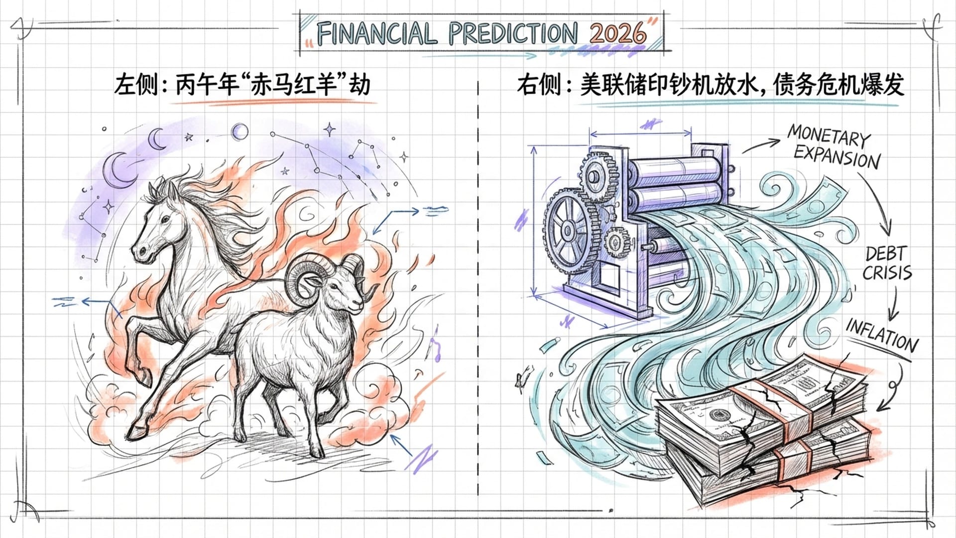 2026农历生肖盘，马与羊被红色火光笼罩，另一侧是美联储狂印钞票的抽象插画。