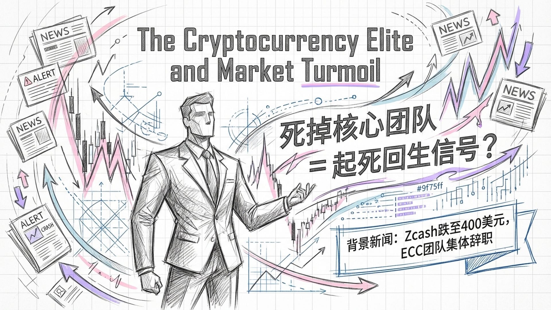 身穿西装的加密精英形象，背景是混乱的K线图和闪烁的新闻头条，强调‘置之死地而后生’的观点。