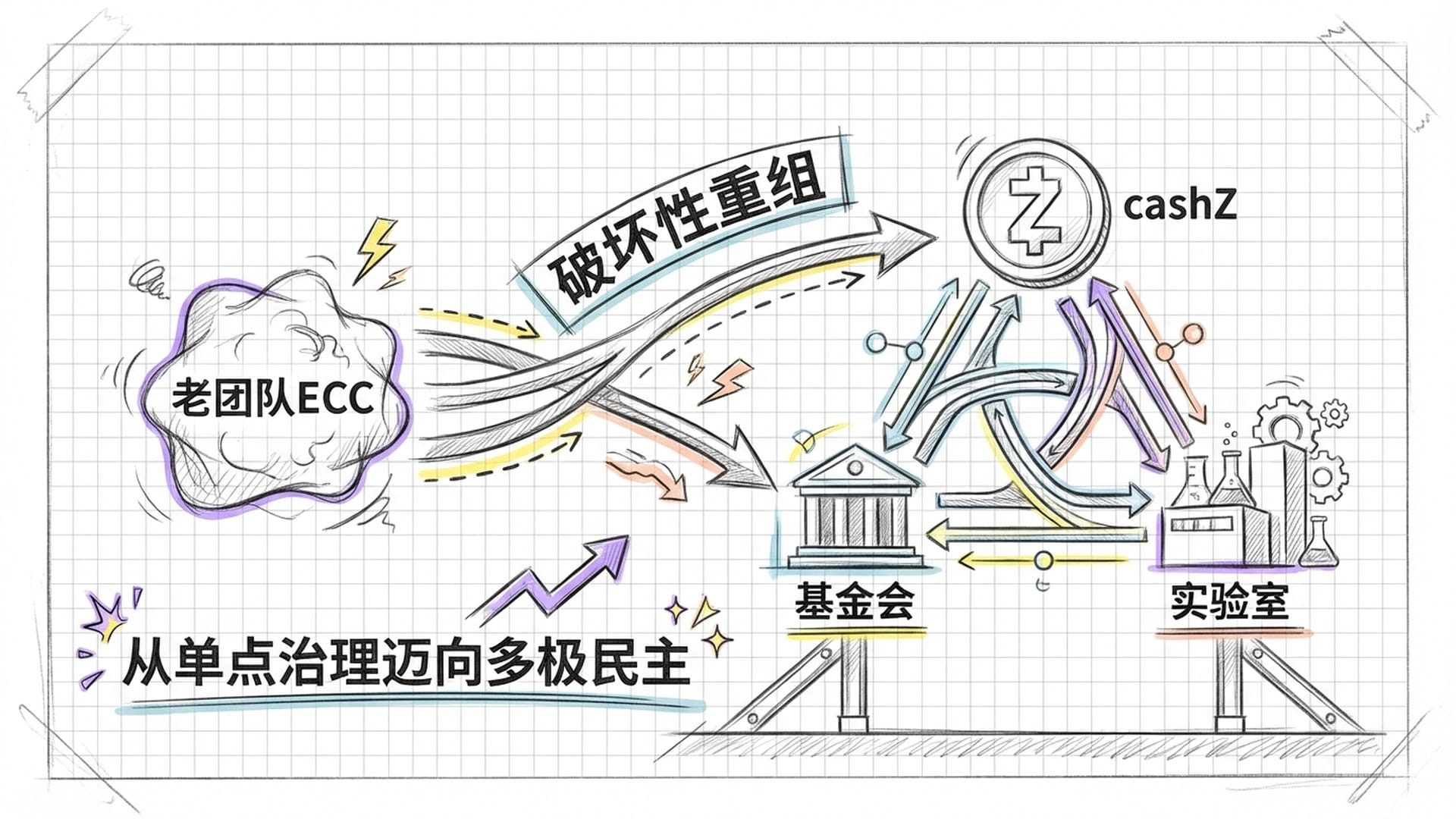 一个分叉的流程图，老团队ECC离开，分出cashZ、基金会和实验室，形成稳定的三角支撑。