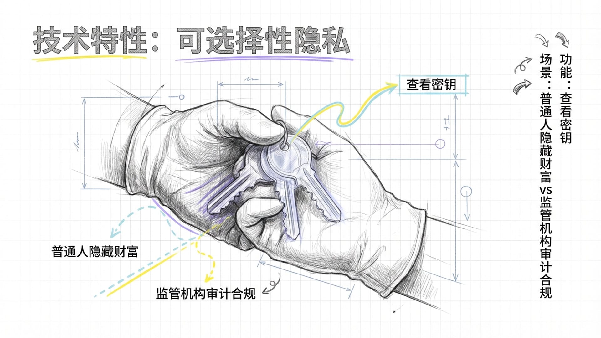 一只戴着白手套的手握着两把钥匙，一把透明，一把隐藏，展示合规下的隐私感。