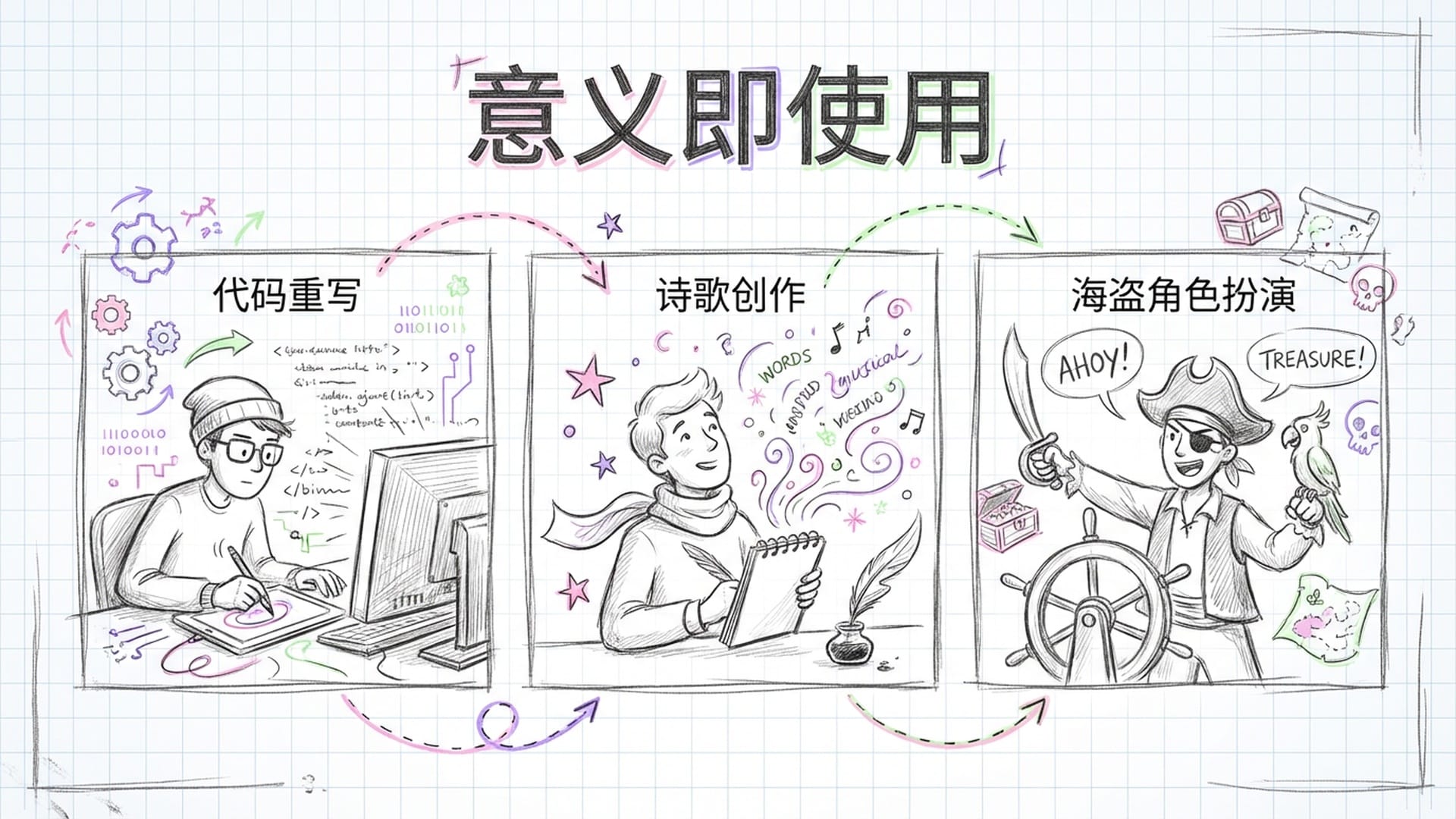 许多不同的人在用AI进行各种活动的剪影：写作、编程、聊天、扮演海盗