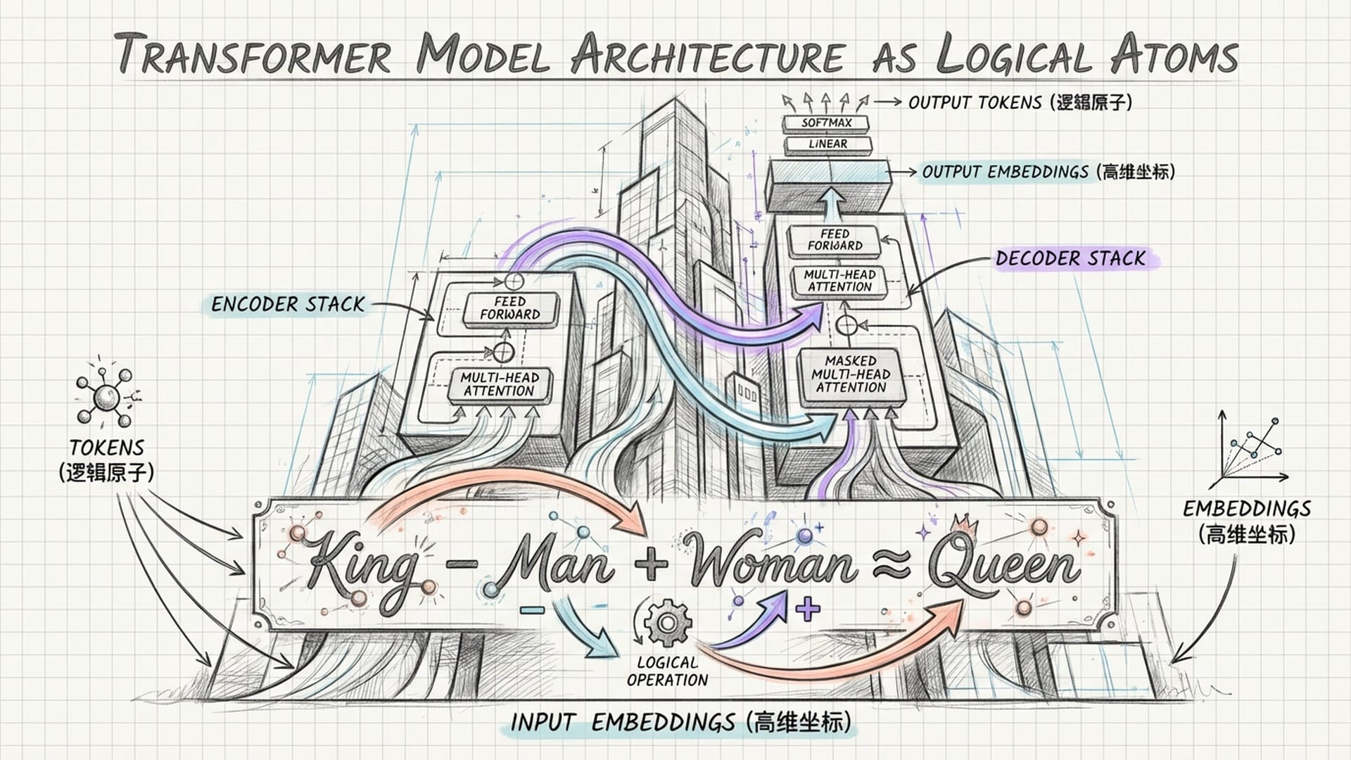 Transformer模型的架构图被艺术化处理，像一座由原子级粒子搭建的摩天大楼，向量箭头在空间中穿梭，标示Tokens和Embeddings