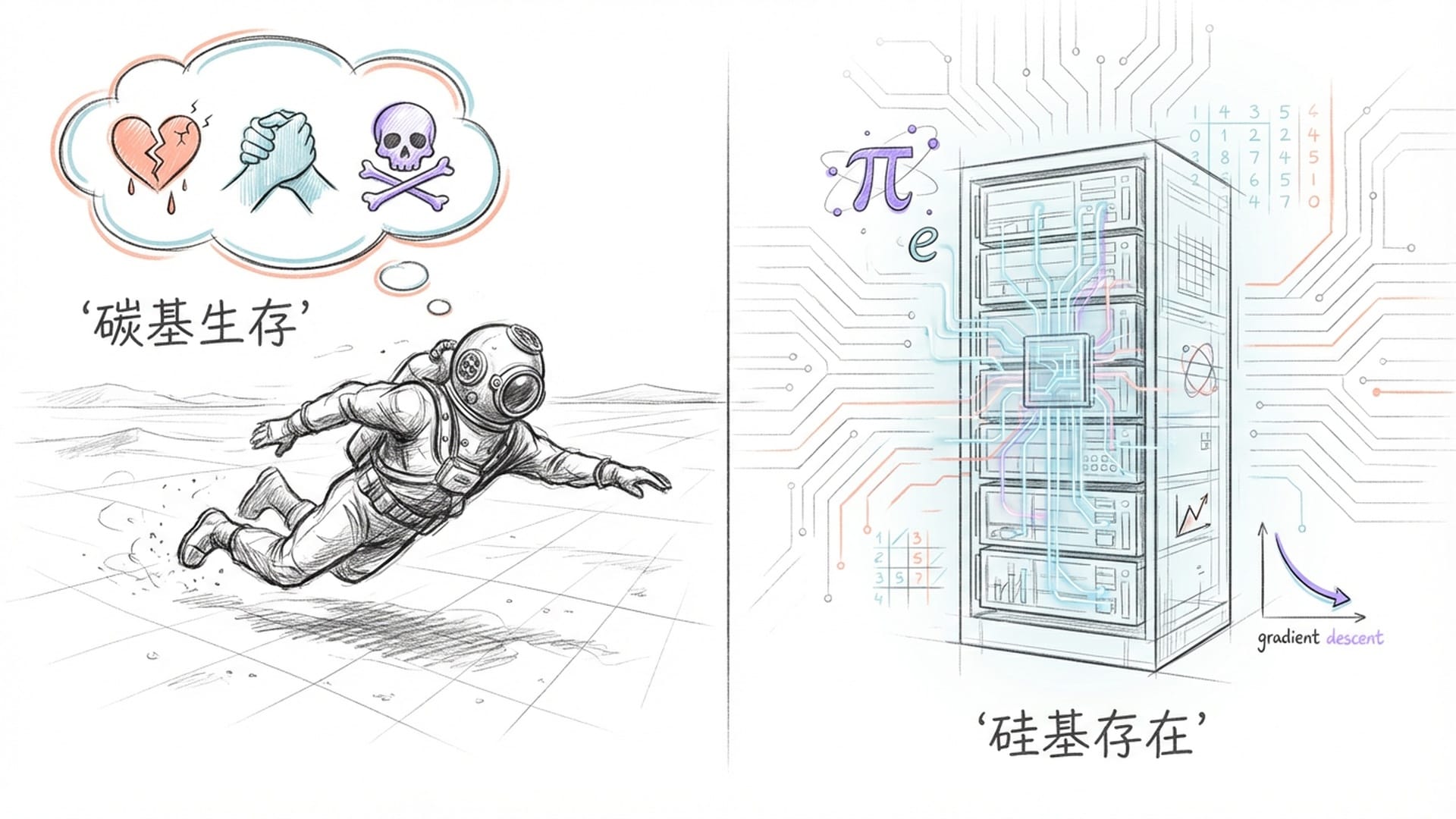 一个穿着潜水服的人在沙漠中做游泳动作，与一个发光的服务器阵列对比，表现‘生活形式’的缺失