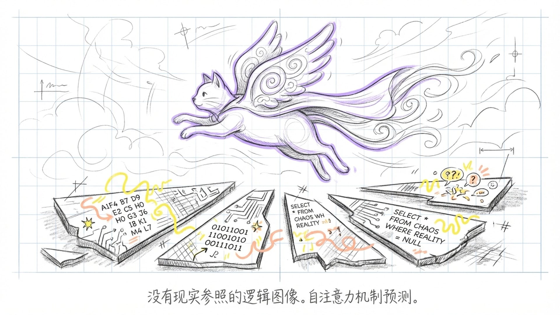 一只猫在天空中飞行的超现实画面，前景是破碎的镜子，反射出混乱的代码，象征AI的逻辑自洽与现实脱节