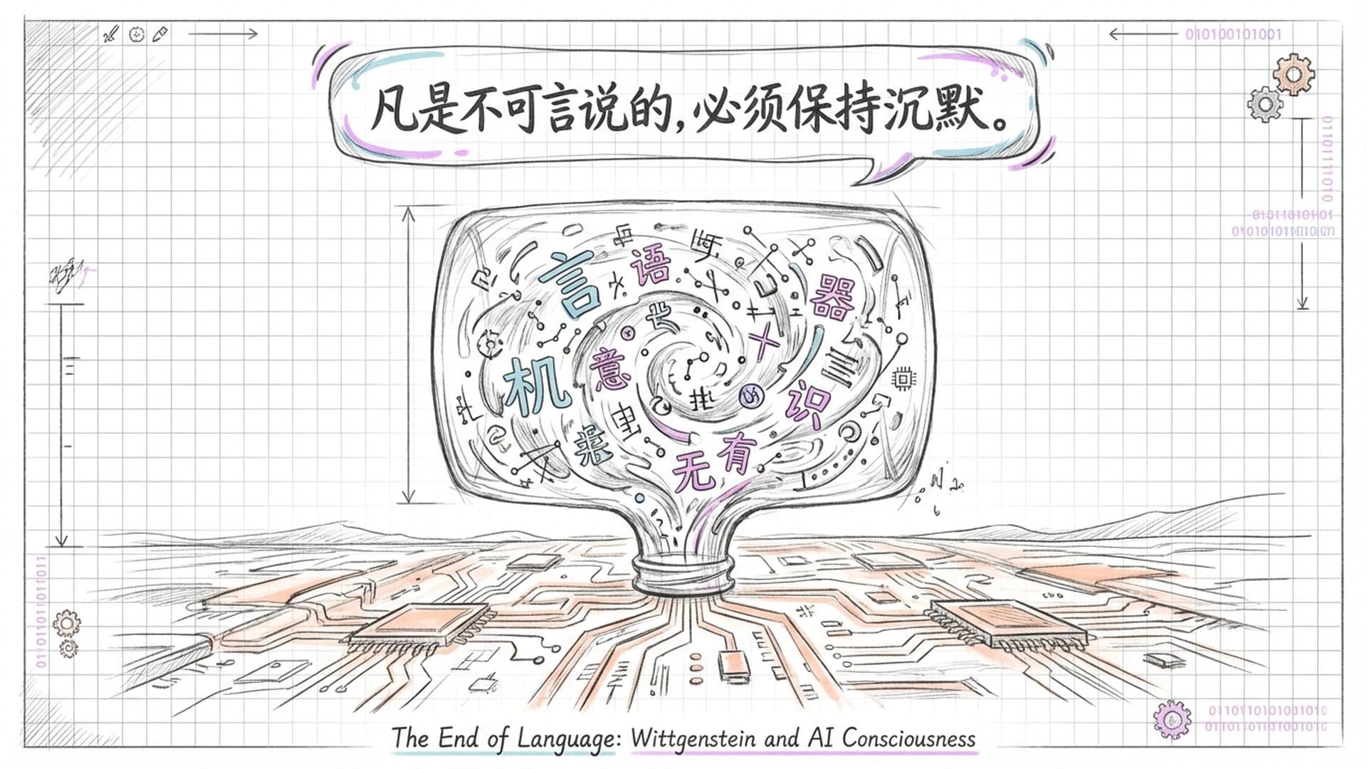 巨大的玻璃瓶中流动的字母和符号，瓶口外是荒凉的数字景观，维特根斯坦的格言悬浮在空中