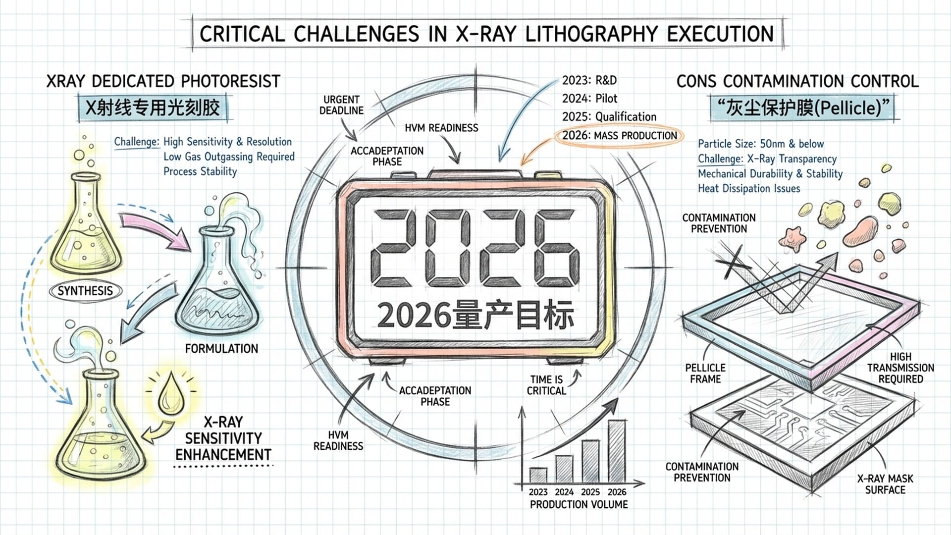 实验室烧杯中流动的发光液体。墙上挂着2026年的时间表，倒计时紧迫。象征配套化学供应链的缺失。