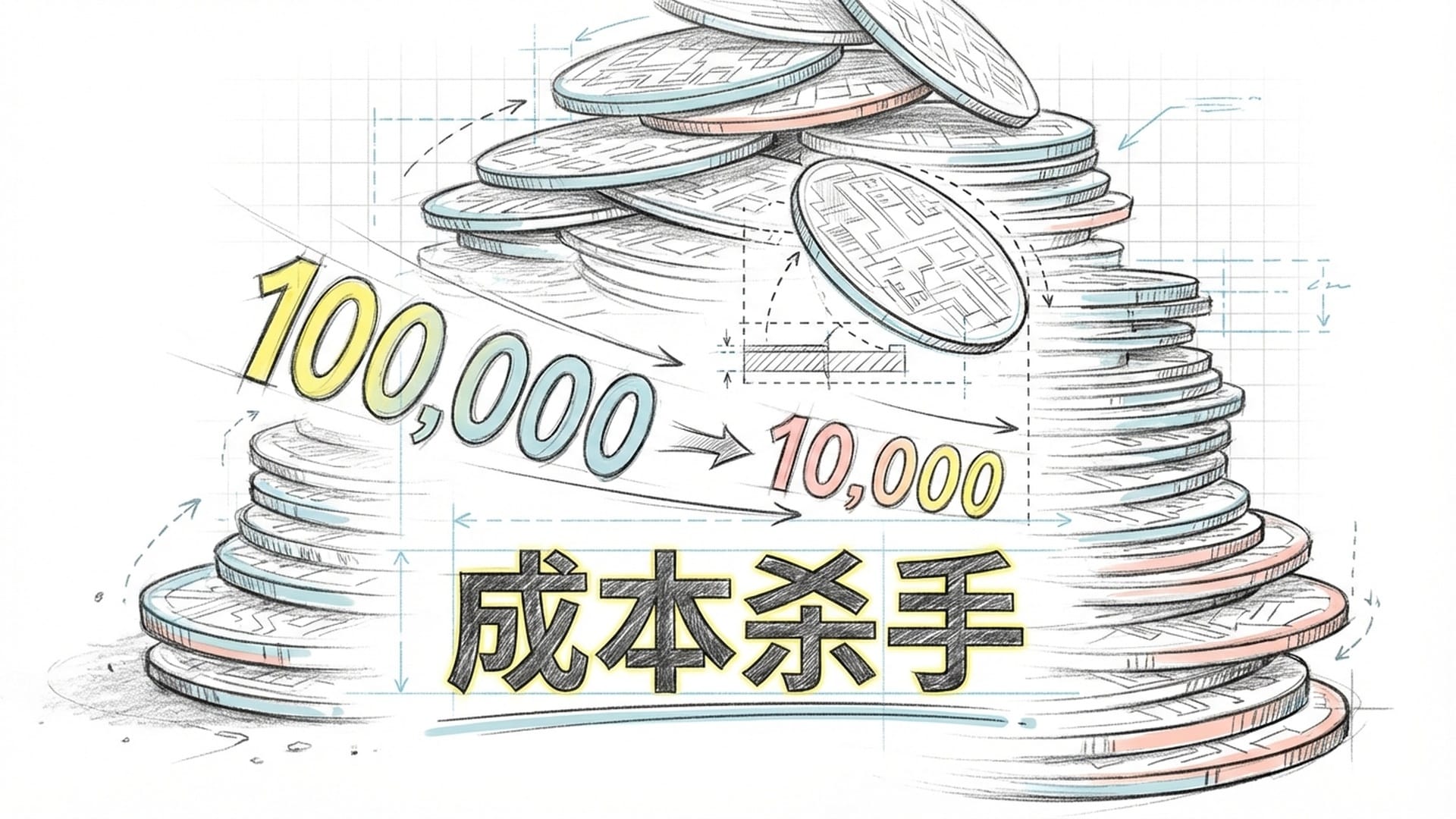成堆的300毫米晶圆，一张晶圆上的价格数字从10万美元迅速闪烁跳动降低到1万美元。