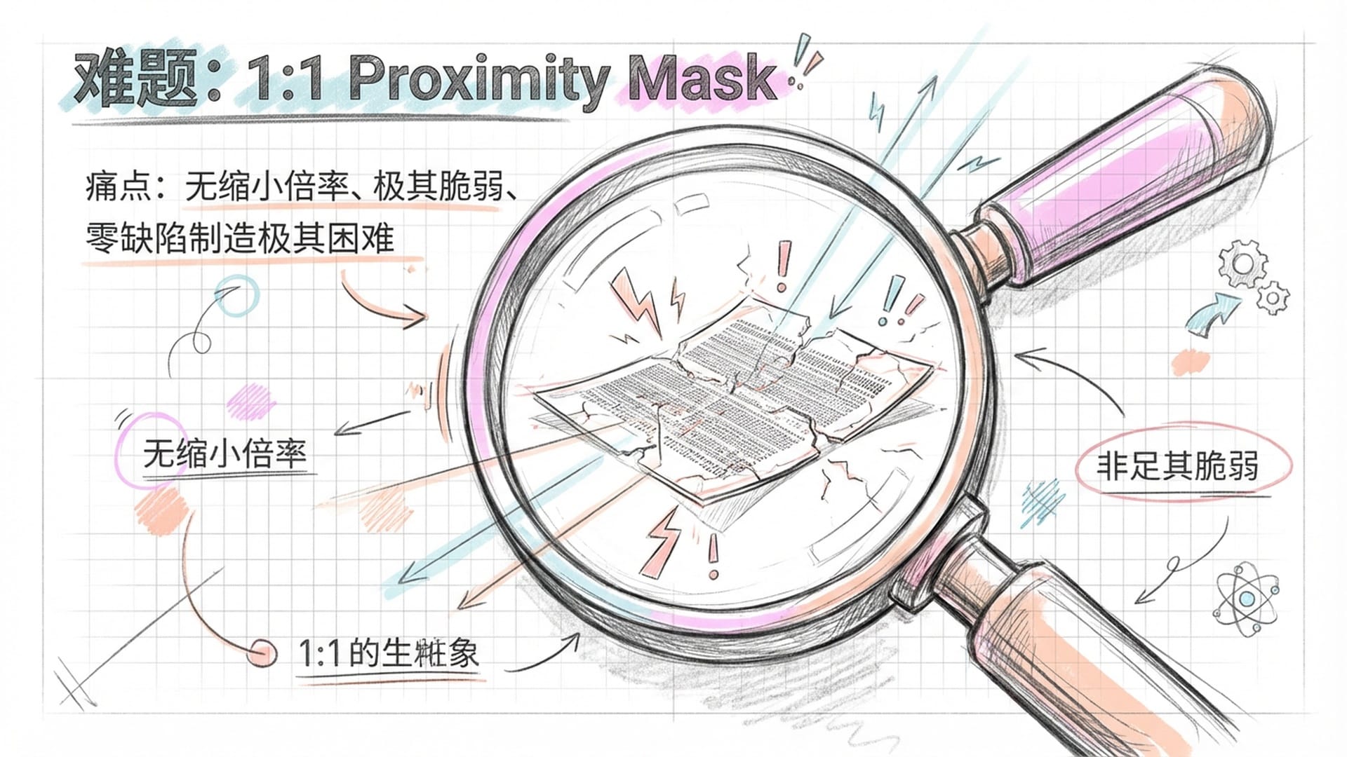 一个巨大的放大镜观察脆弱的1:1遮罩/掩模。掩模表面极其薄且布满了重金属吸收剂。显得摇摇欲坠。