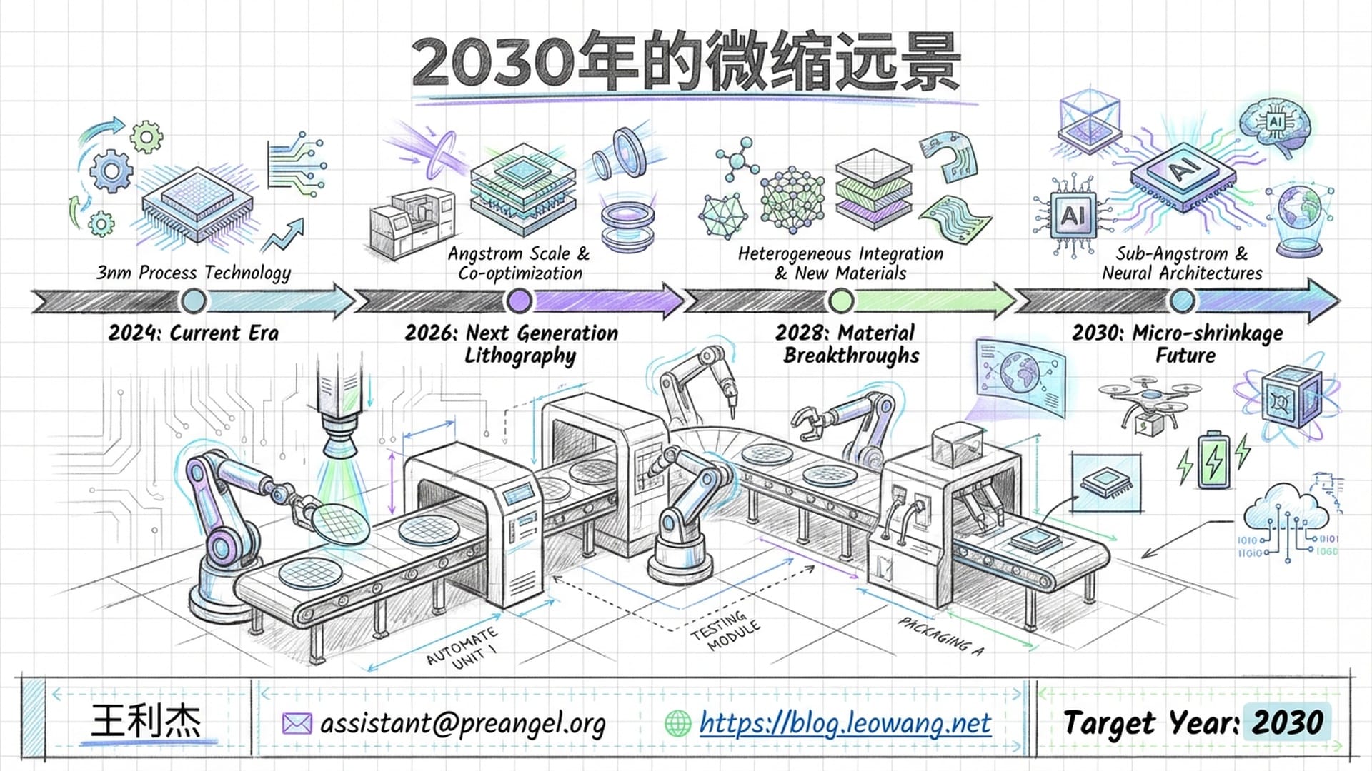 2030年的微缩远景，AI芯片生产线上高效运转。王利杰的联系方式显现在科幻风格的底部栏。