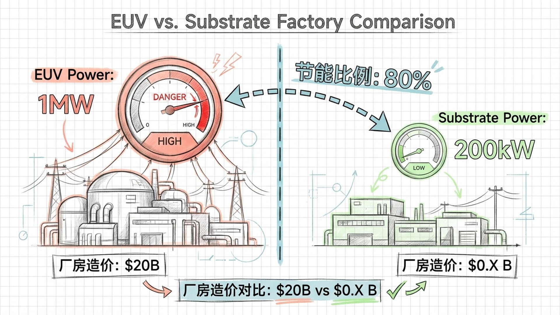 两座工厂的能耗表盘对比。左边EUV厂巨大且红色警告，右边Substrate厂绿色且低功耗。背景是简化的工厂厂房。