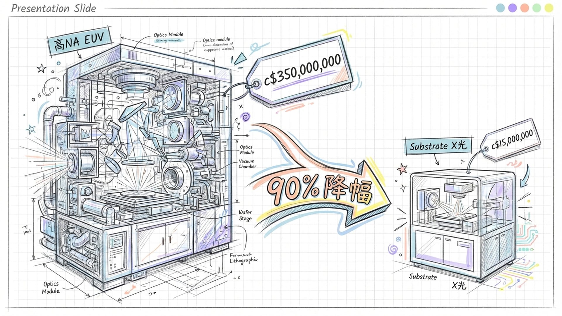 ASML巨大的High-NA EUV光刻机对比Substrate的小型化粒子加速器光刻机。价格标签形成鲜明对比。