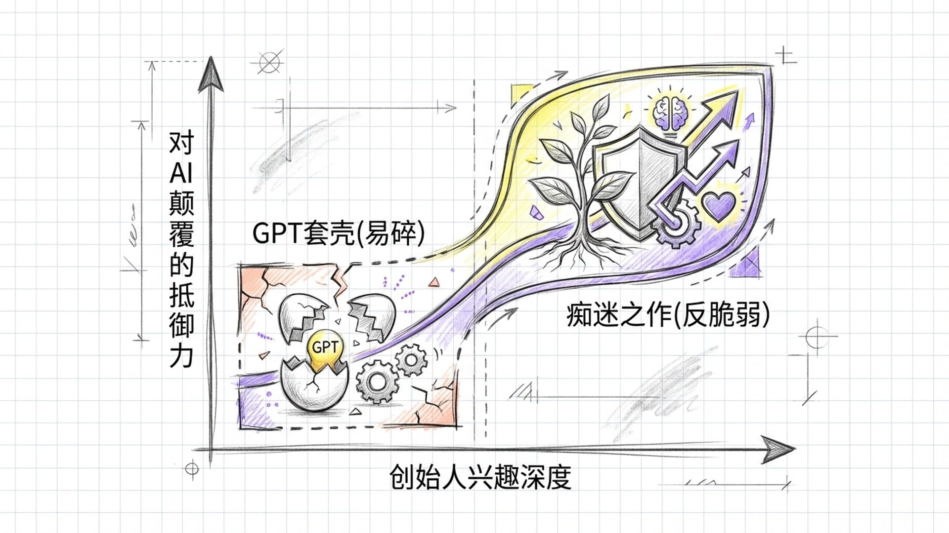 创始人-市场痴迷哲学，对比传统MBA战略，展示一种在波动中更强的反脆弱结构。