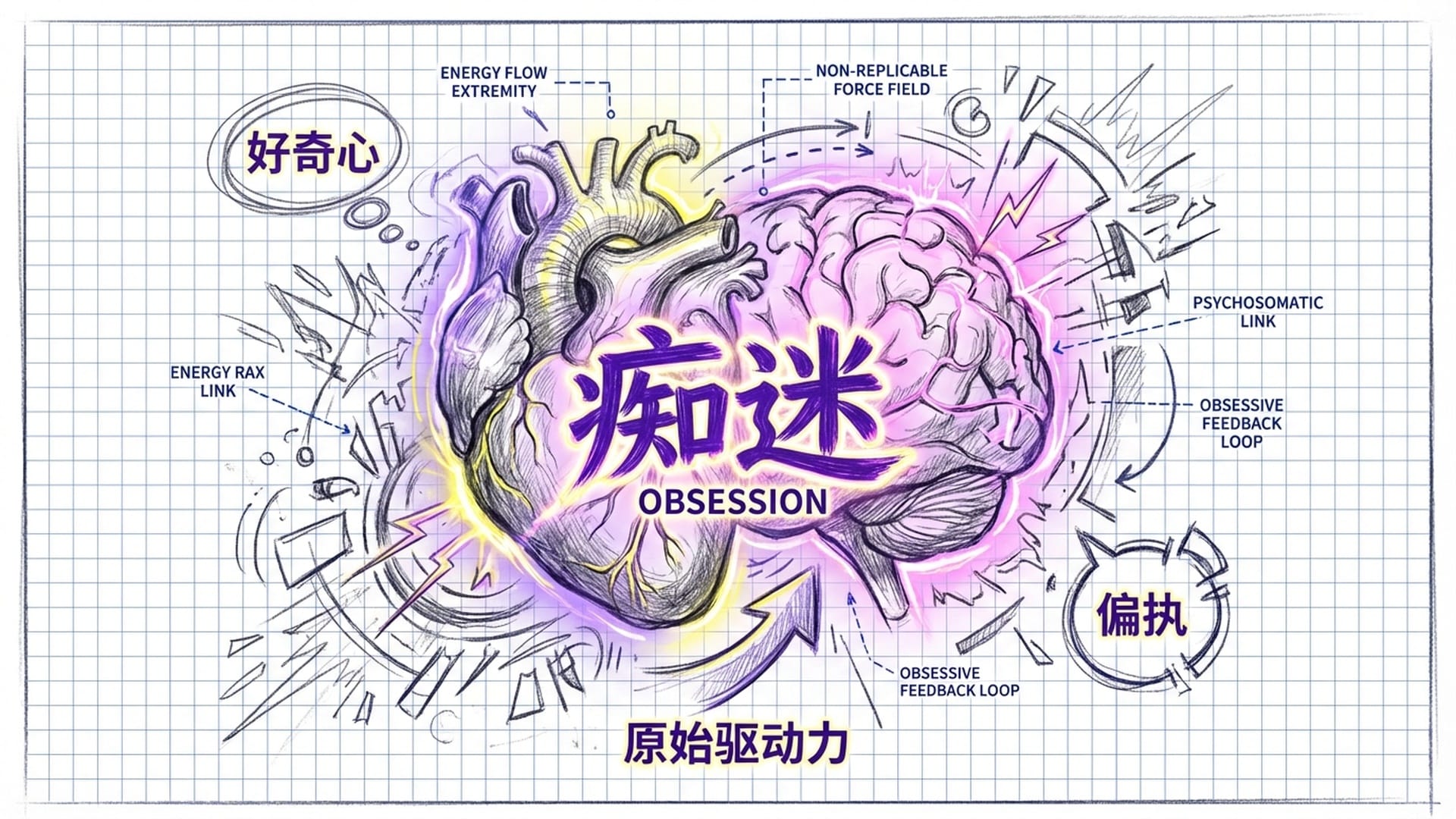 核心概念：痴迷。黑暗中跳动的心脏与大脑结合体，周围是狂热的能量场，象征不可复制的驱动力。