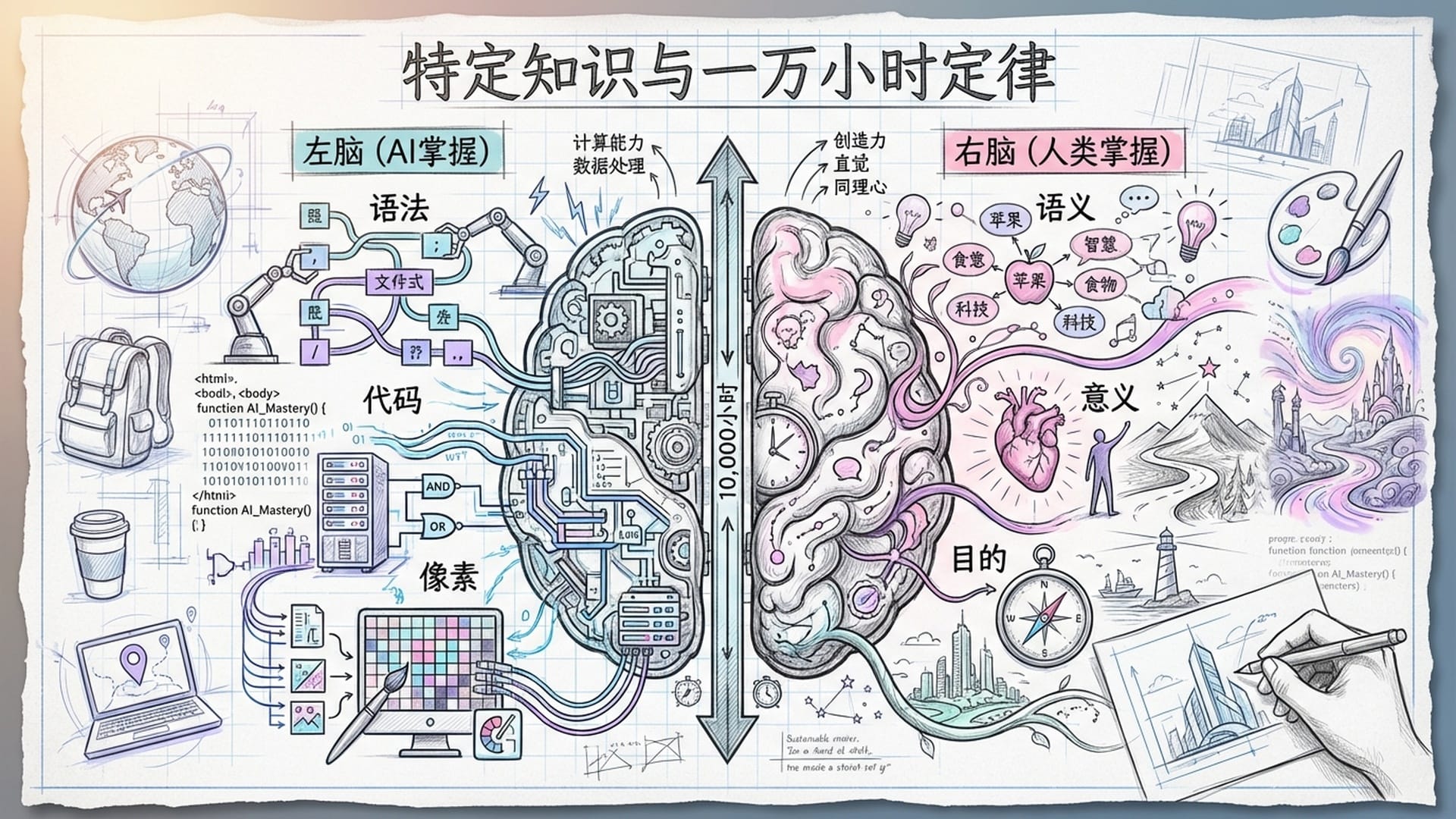 特定知识与一万小时定律的重定义，语义与语法的对比，人类掌握架构与目的。