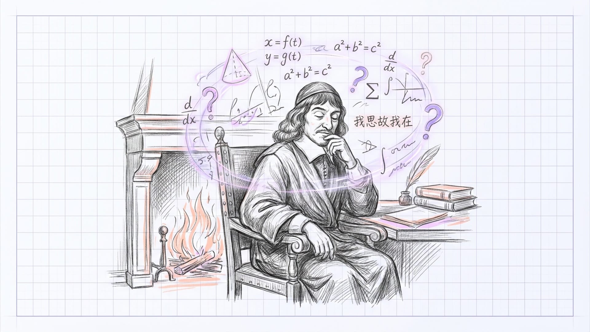 笛卡尔在壁炉前深思