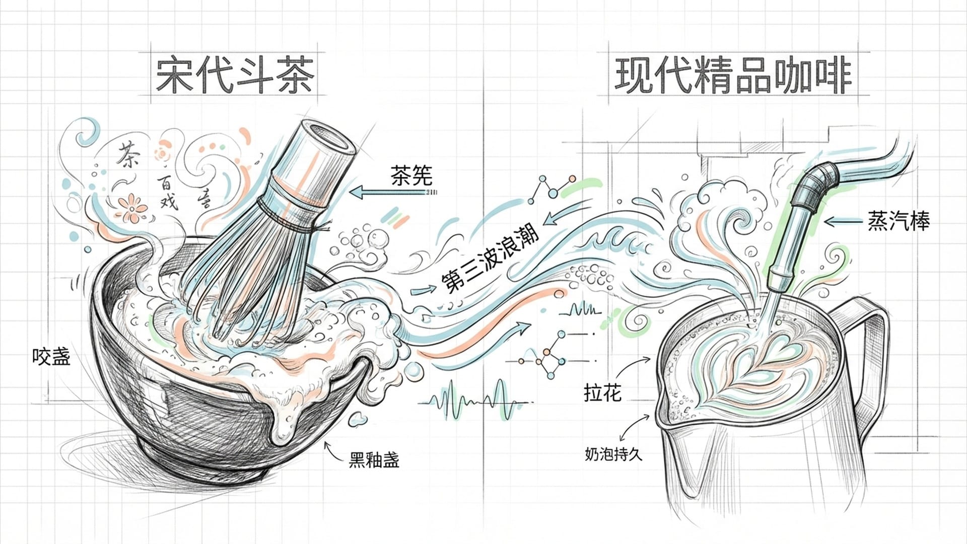 宋代点茶的茶筅与现代意式咖啡机的蒸汽棒，都在激起泡沫。