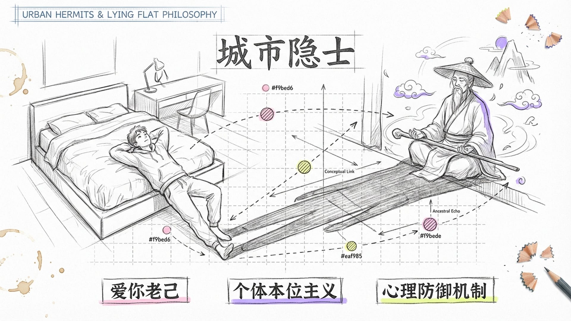 一个在卧室躺平的年轻人，其影子呈现为古代山林隐士的形态。