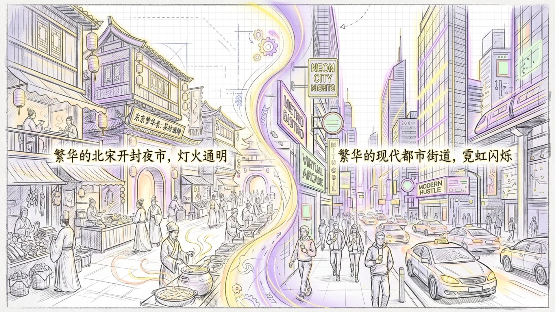 繁华的北宋开封夜市，灯火通明，与现代繁华都市的光影重叠。