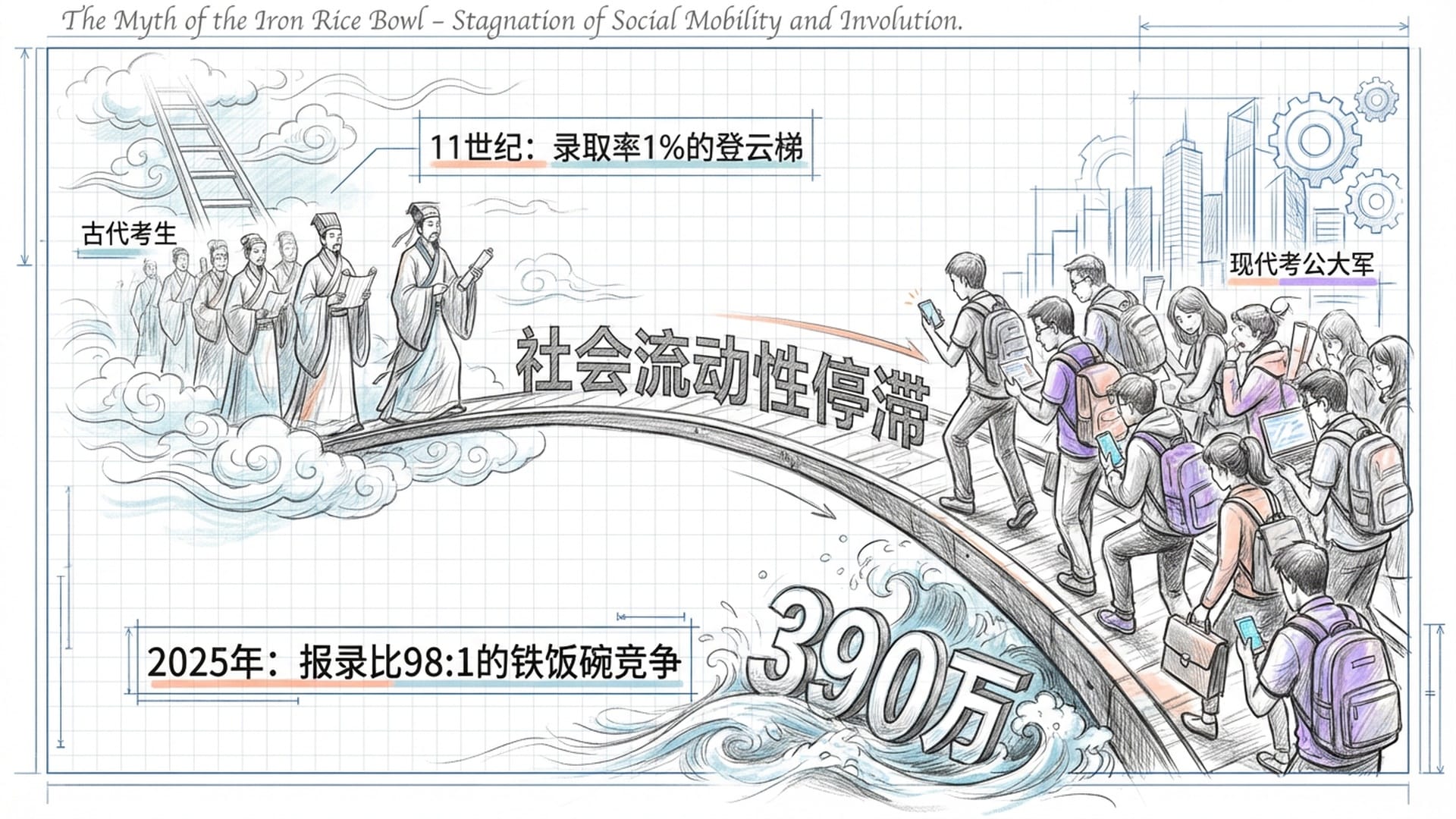 独木桥上的古代考生与现代考公大军，桥下是汹涌的390万报名人数数字。