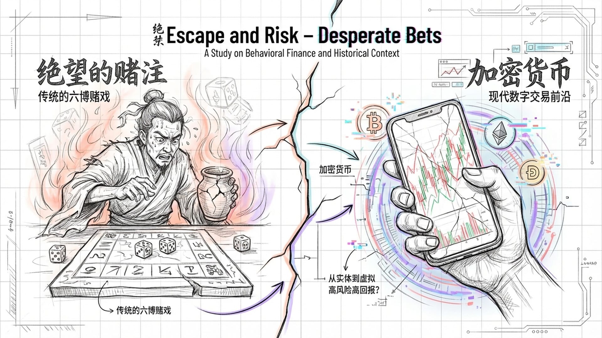 古代掷骰子的赌徒与现代屏幕上闪烁的K线图及加密货币Logo。