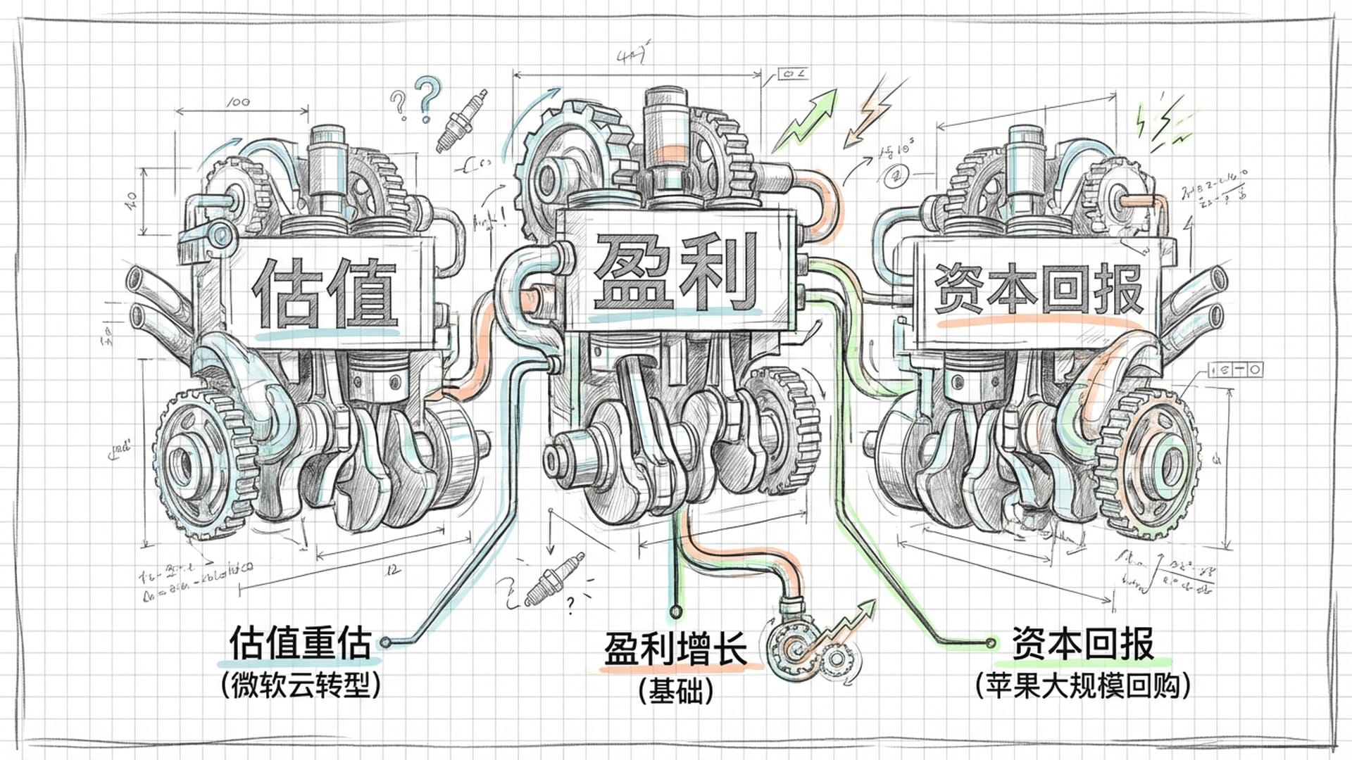 一个复杂精密的三缸引擎结构图，分别标注为盈利、估值、资本回报。