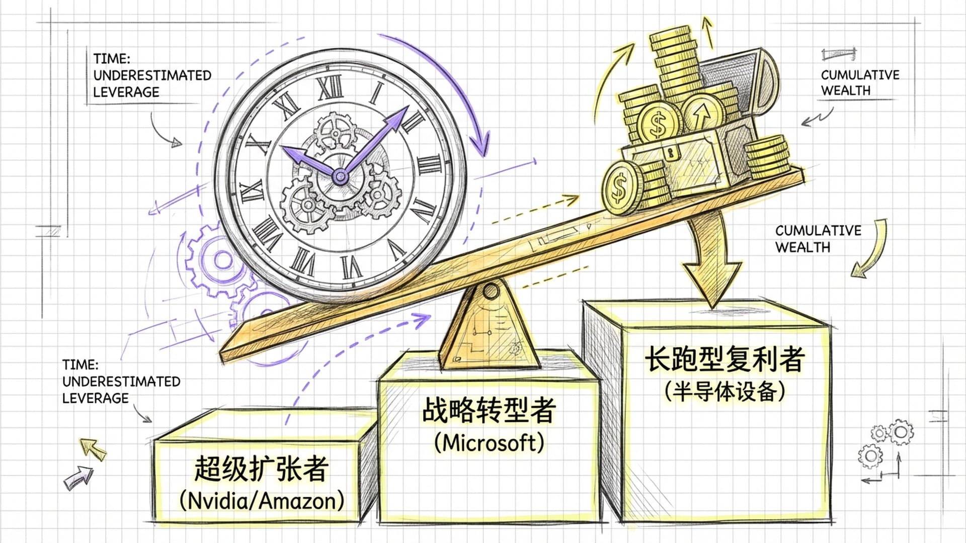时钟与巨大的金色杠杆，杠杆的一端是时间，另一端是堆积如山的金币。三个台阶分别代表三个梯队。