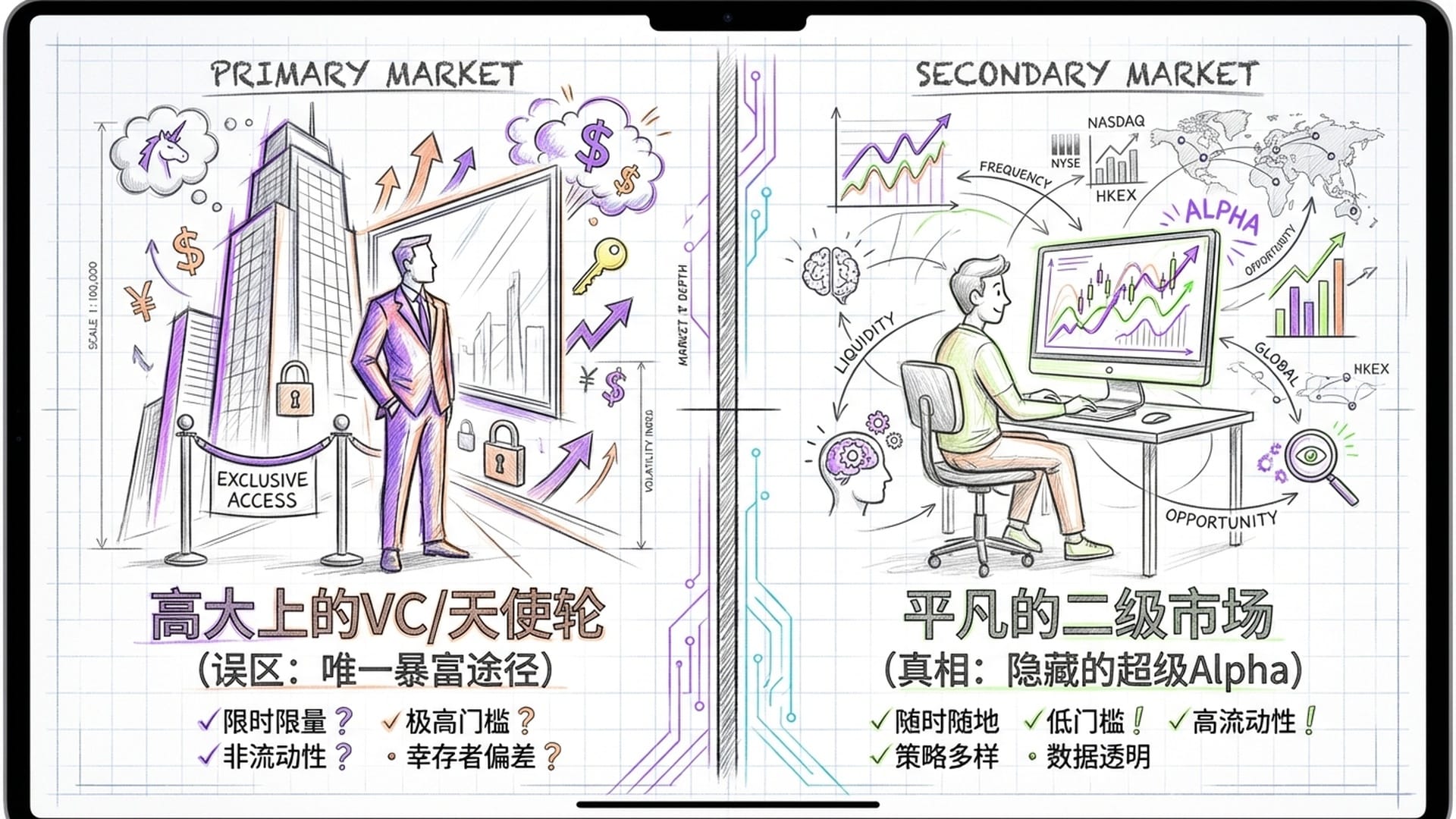 分裂的视觉构图。左侧代表‘一级市场’（西装革履的VC，高门槛，私密），右侧代表‘二级市场’（普通投资者看盘，高频率交易）。